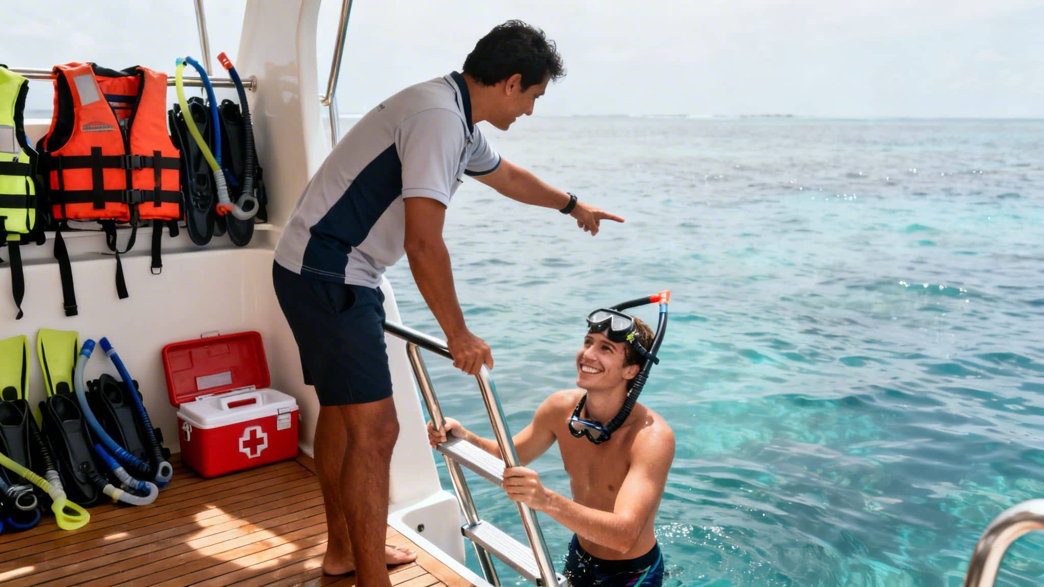 A man on a boat points to clear water, instructing a smiling snorkeler on a ladder.