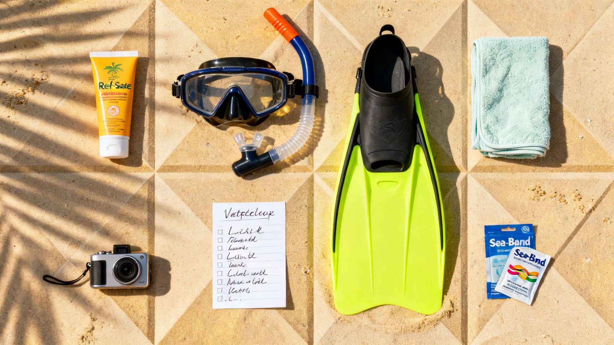 A flat lay of snorkeling gear, sunscreen, camera, towel, and a checklist on a sandy beach.