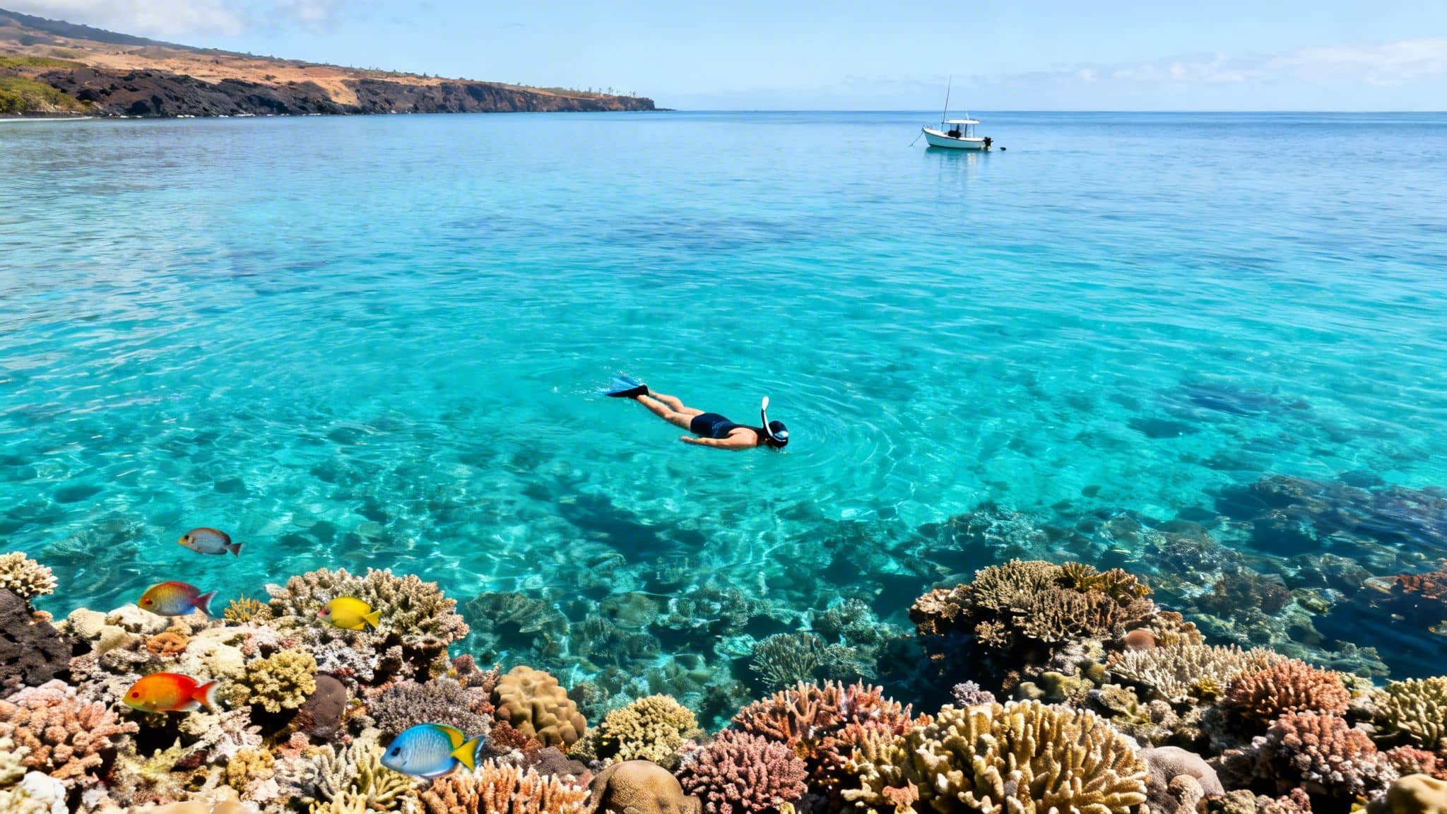 A person snorkeling over a vibrant coral reef teeming with colorful fish in clear blue ocean water.