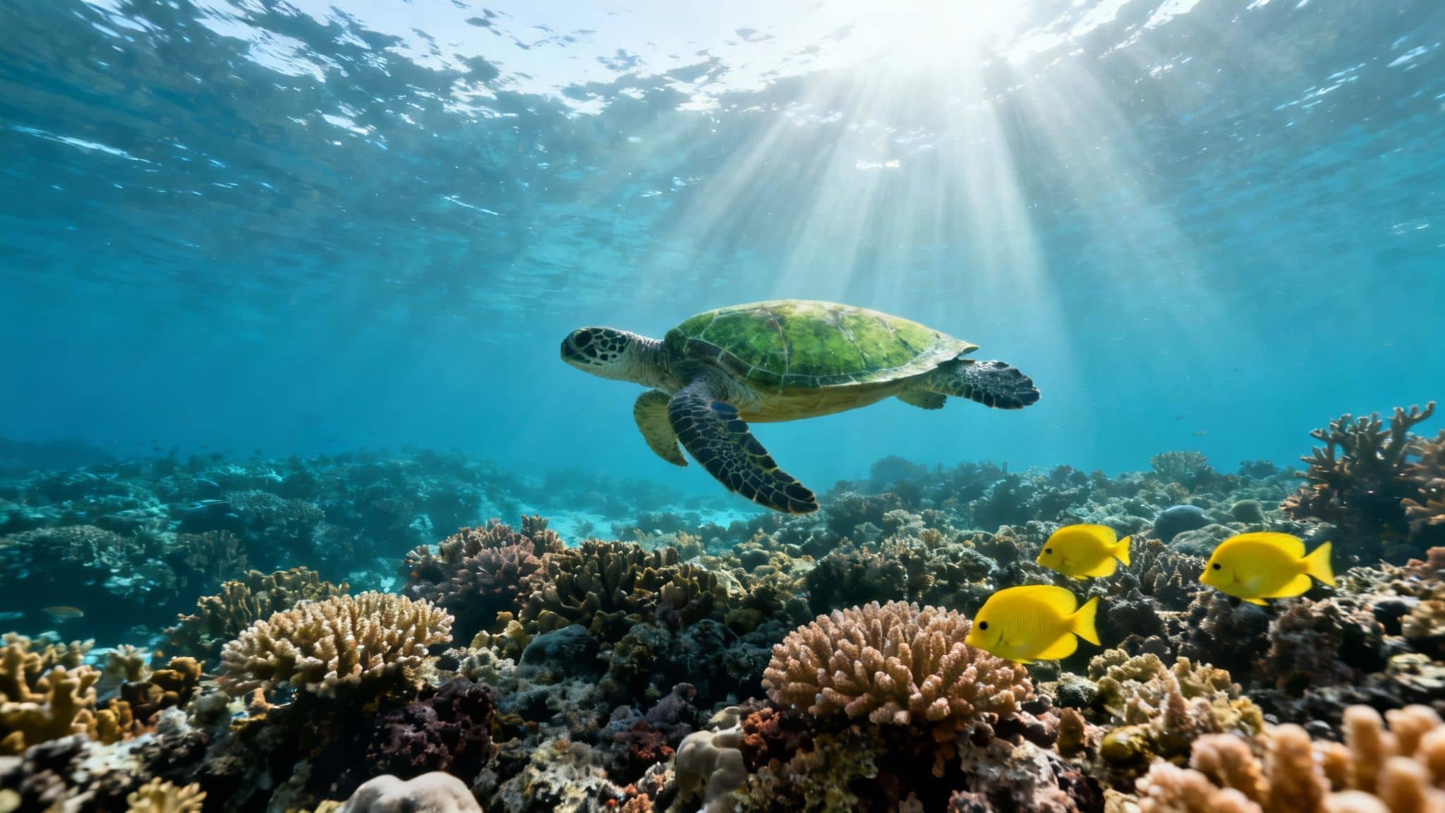 A vibrant underwater scene with a sea turtle swimming above a colorful coral reef and three yellow fish.