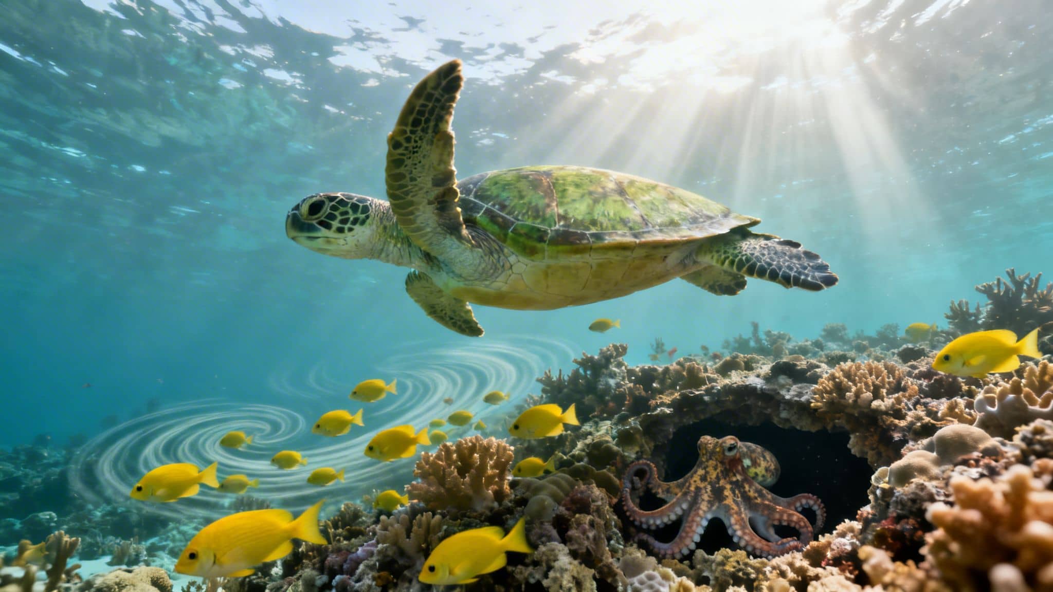 A majestic green sea turtle swims over a vibrant coral reef, with yellow fish, an octopus, and sun rays.
