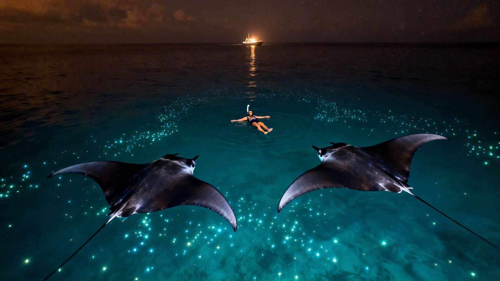 Nighttime snorkeling with a person, two manta rays, and vibrant bioluminescent plankton.