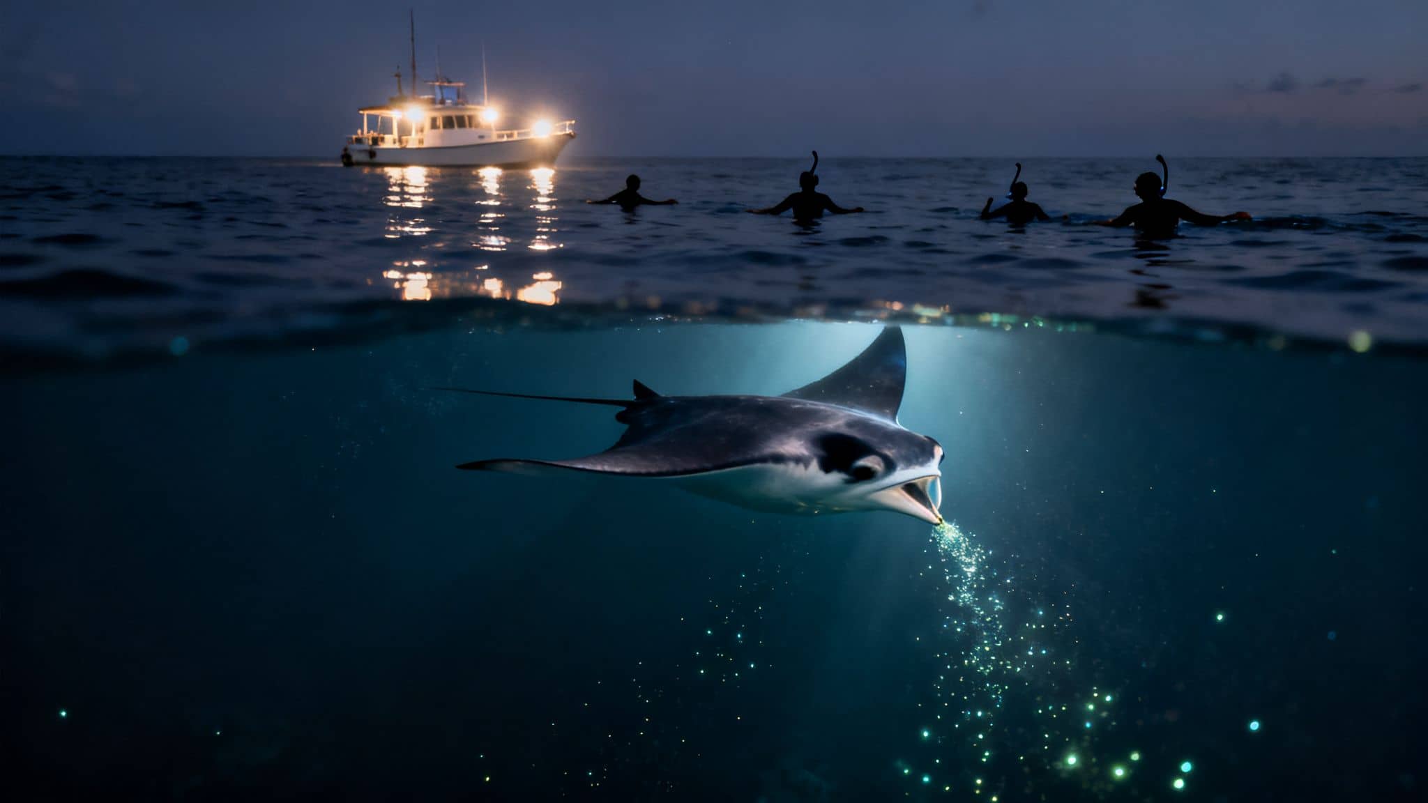 A split image captures a manta ray feeding underwater at night with bioluminescence, and snorkelers and a boat above.