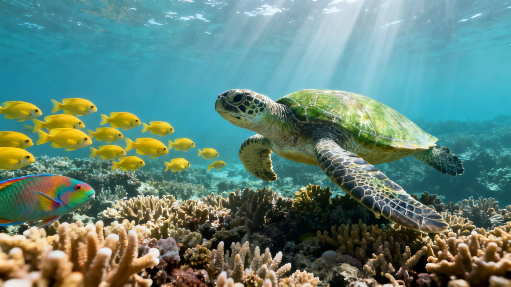 A green sea turtle swims over a vibrant coral reef with yellow fish and a parrotfish.