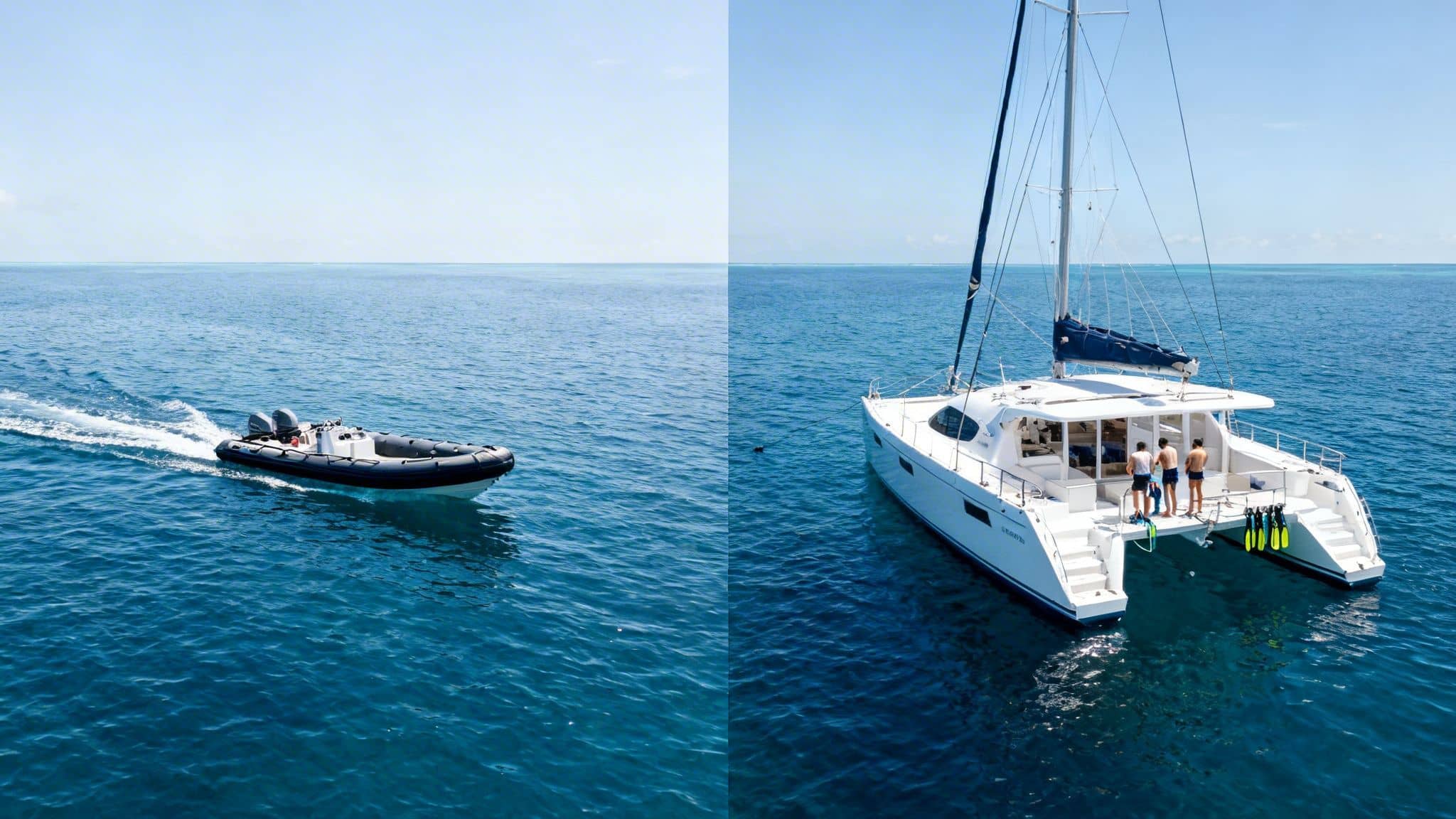 Two boats on a clear blue ocean, a moving RIB and a catamaran with three men and snorkeling gear.