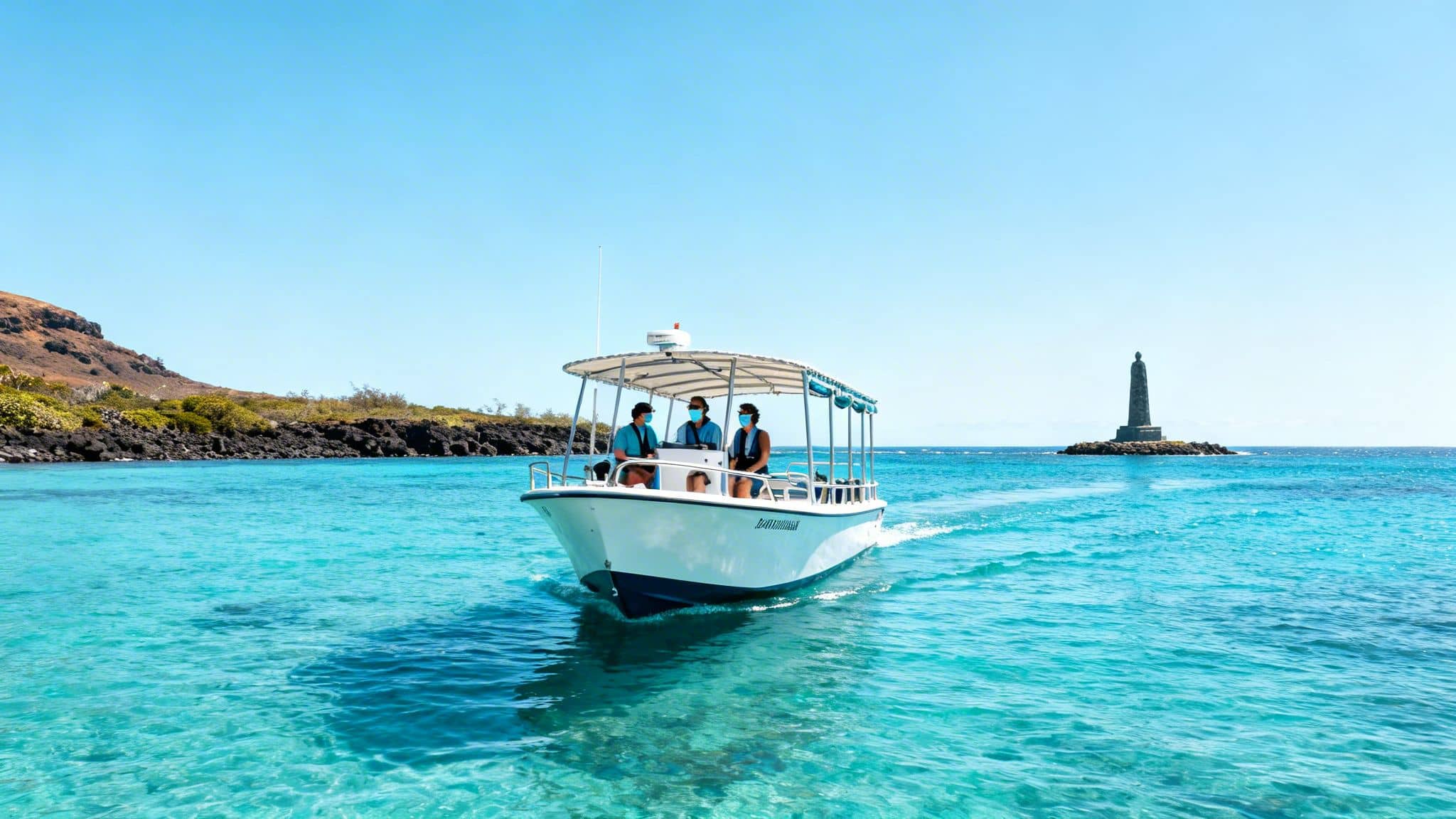 A boat with three masked people on turquoise water near a rocky coast and a distant lighthouse.