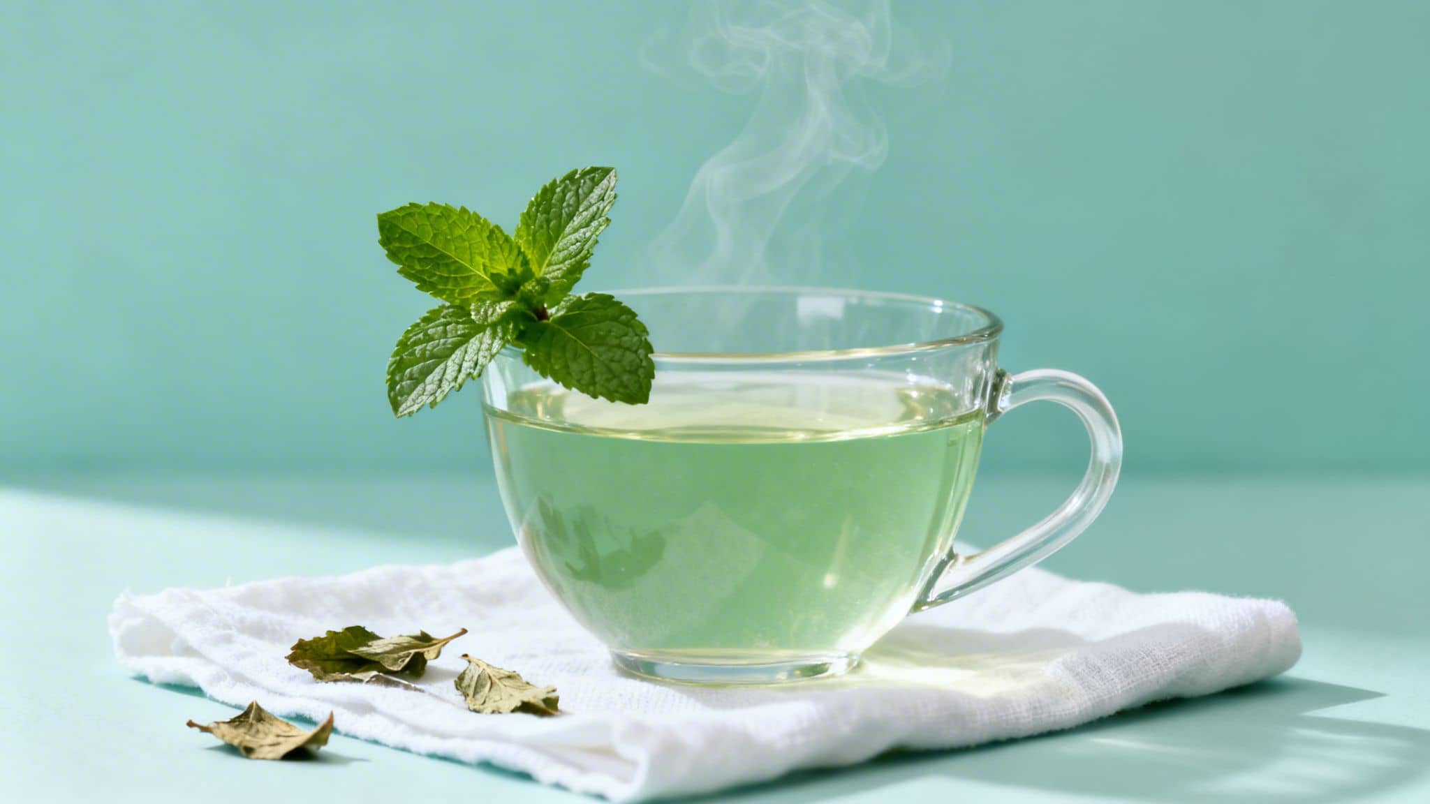 A steaming glass cup of green tea garnished with fresh mint leaves on a white cloth.