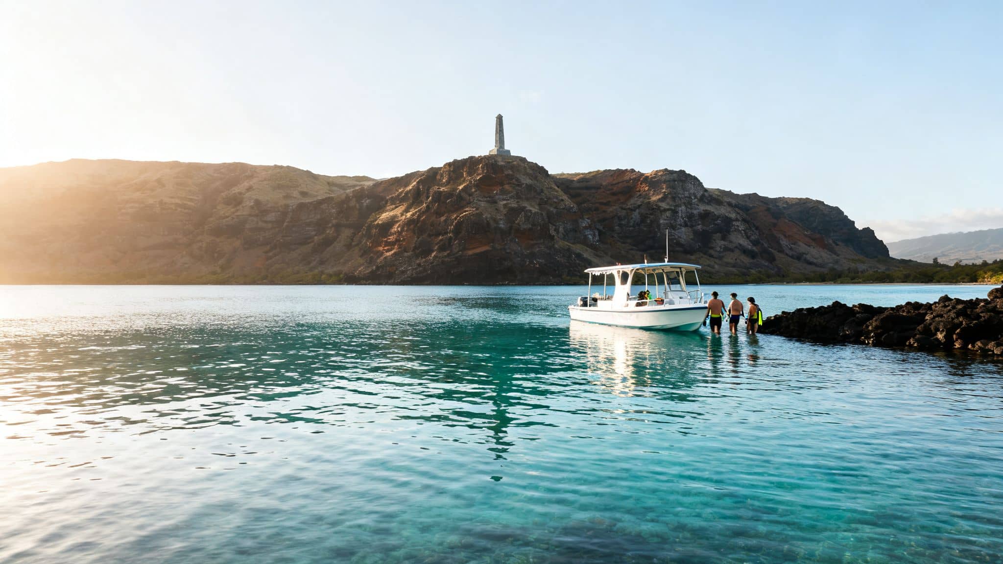 Snorkelers near a boat in tropical waters, with a historical monument on a sunny, rugged island.
