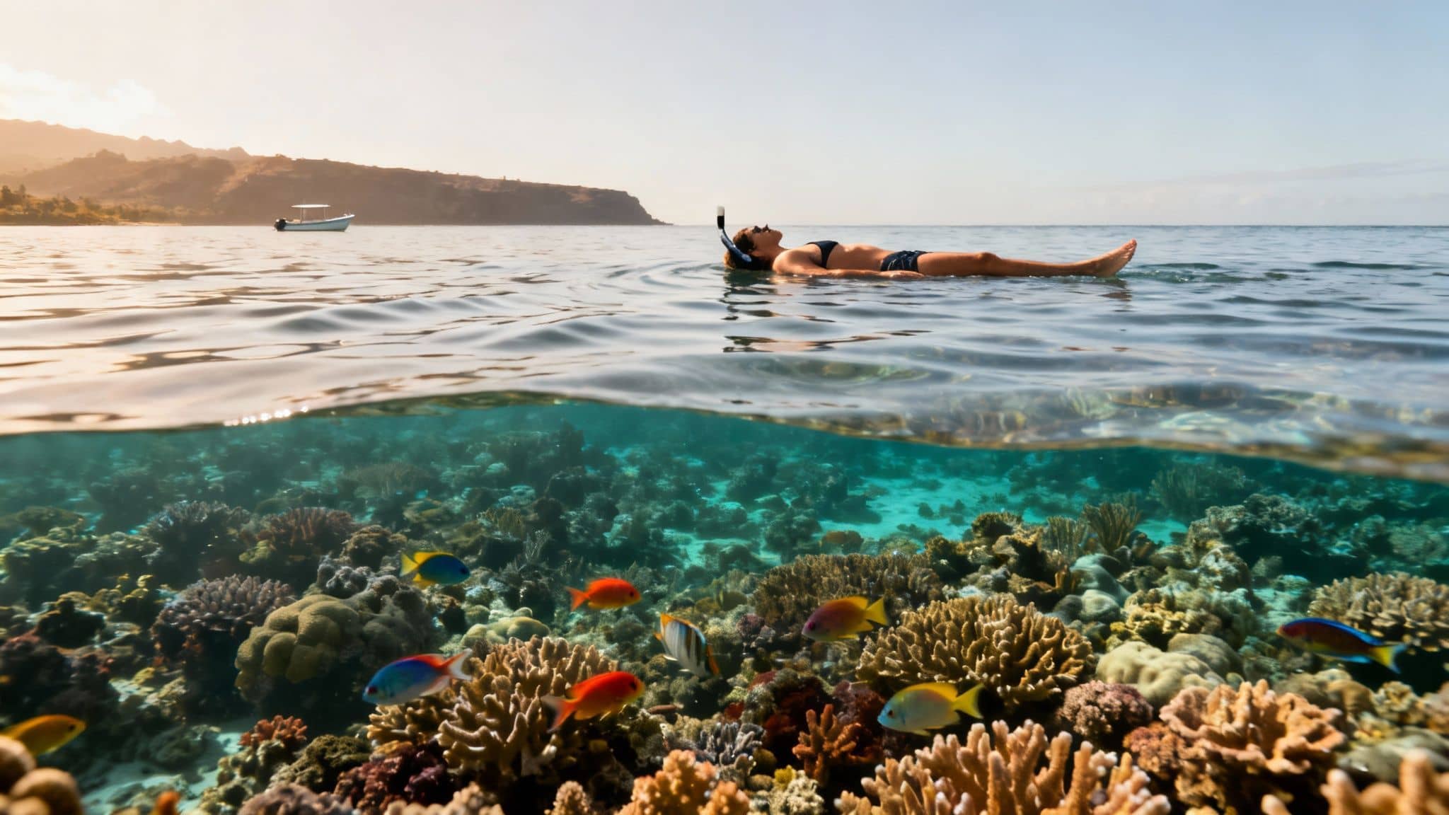 Snorkeler floating above vibrant coral reef teeming with colorful tropical fish in crystal clear waters
