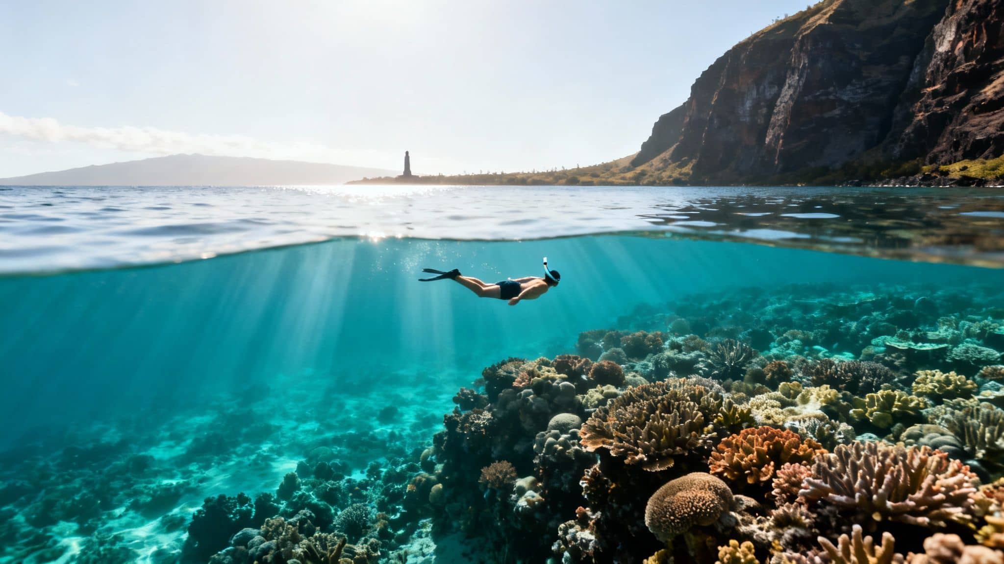A split view captures a snorkeler exploring a vibrant coral reef underwater and a sunny coastline above.