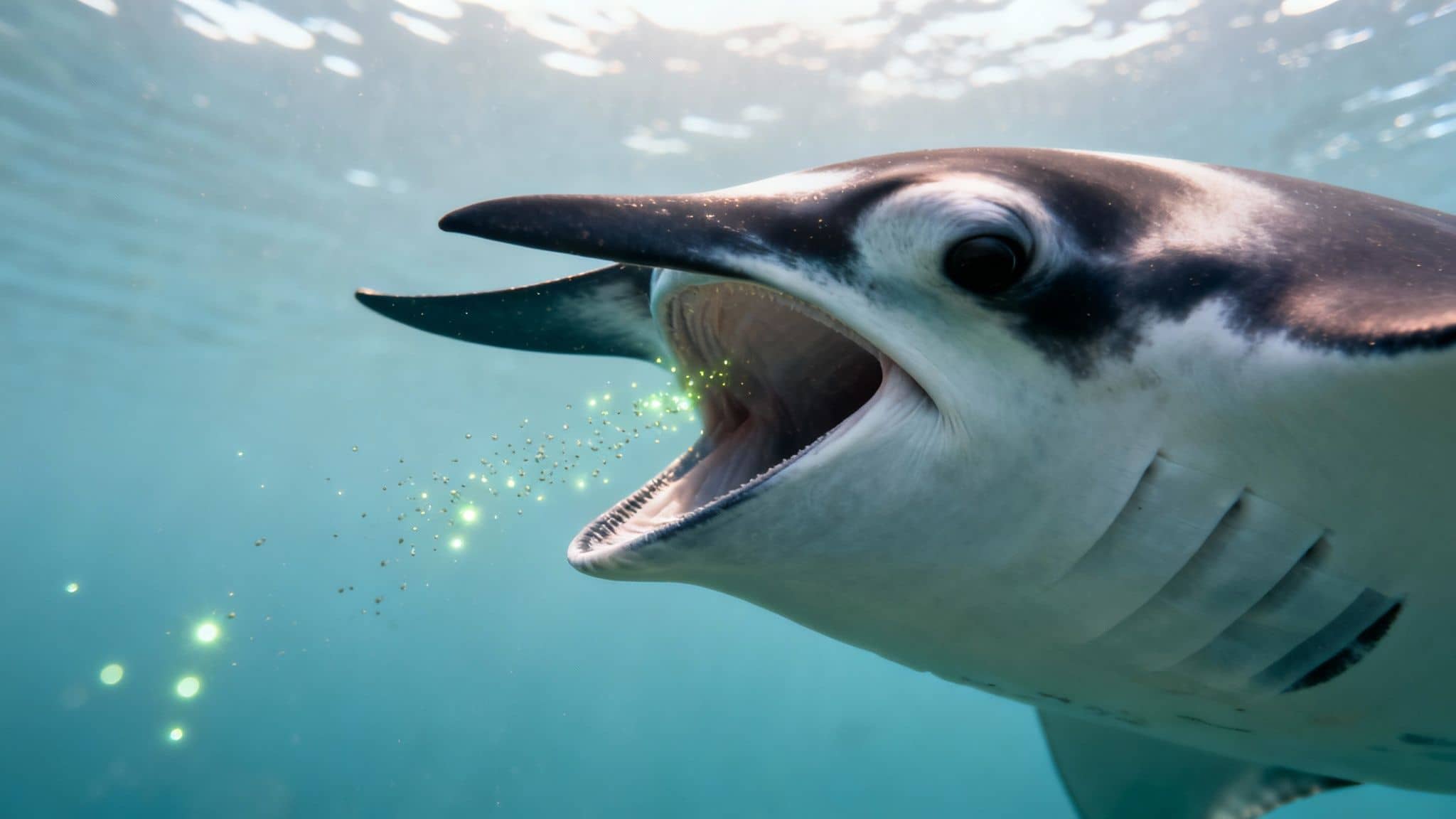 An oceanic manta ray with an open mouth feeding on glowing plankton underwater.