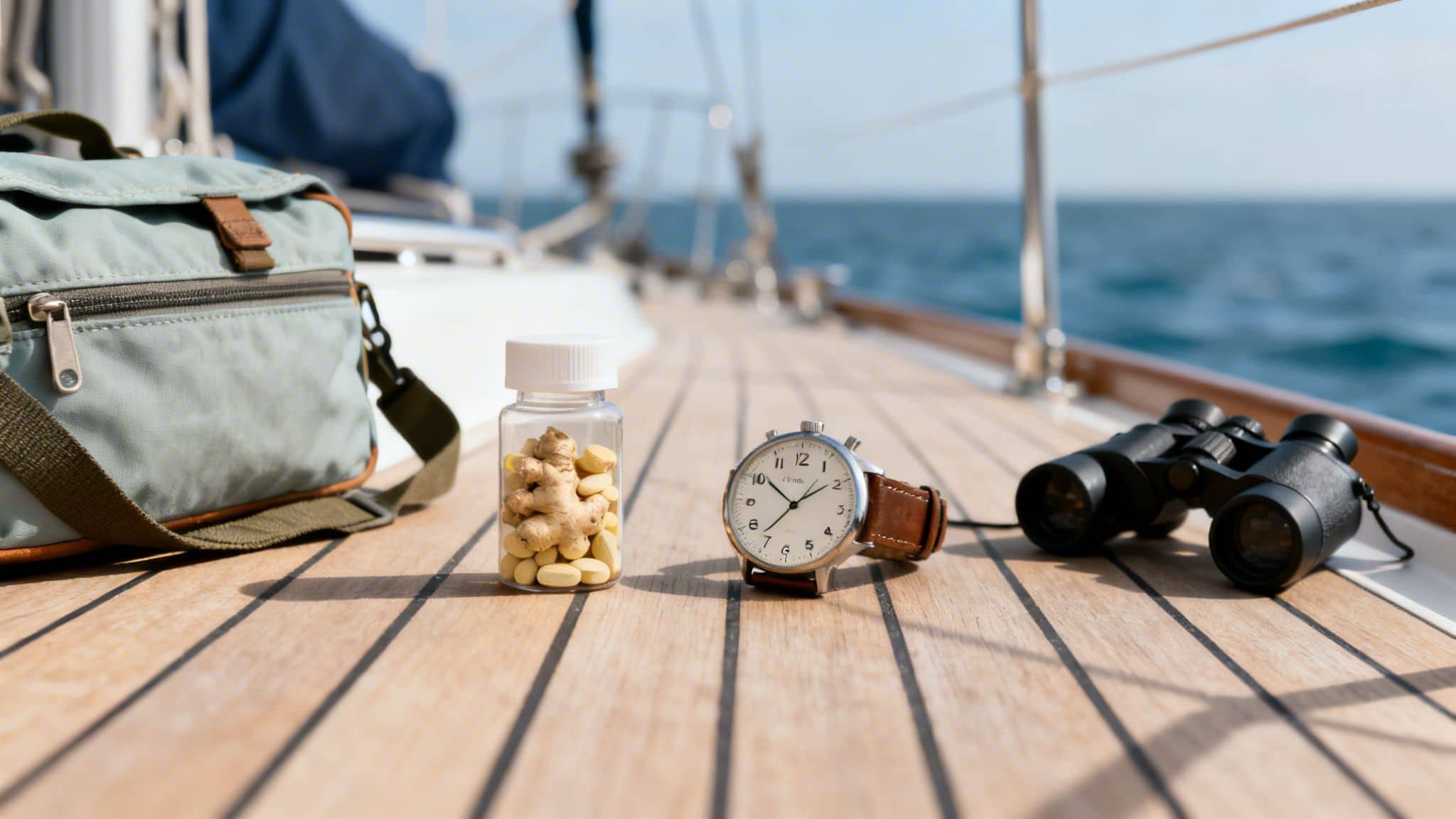 A bottle of ginger and tablets, a watch, binoculars, and a bag on a boat deck.