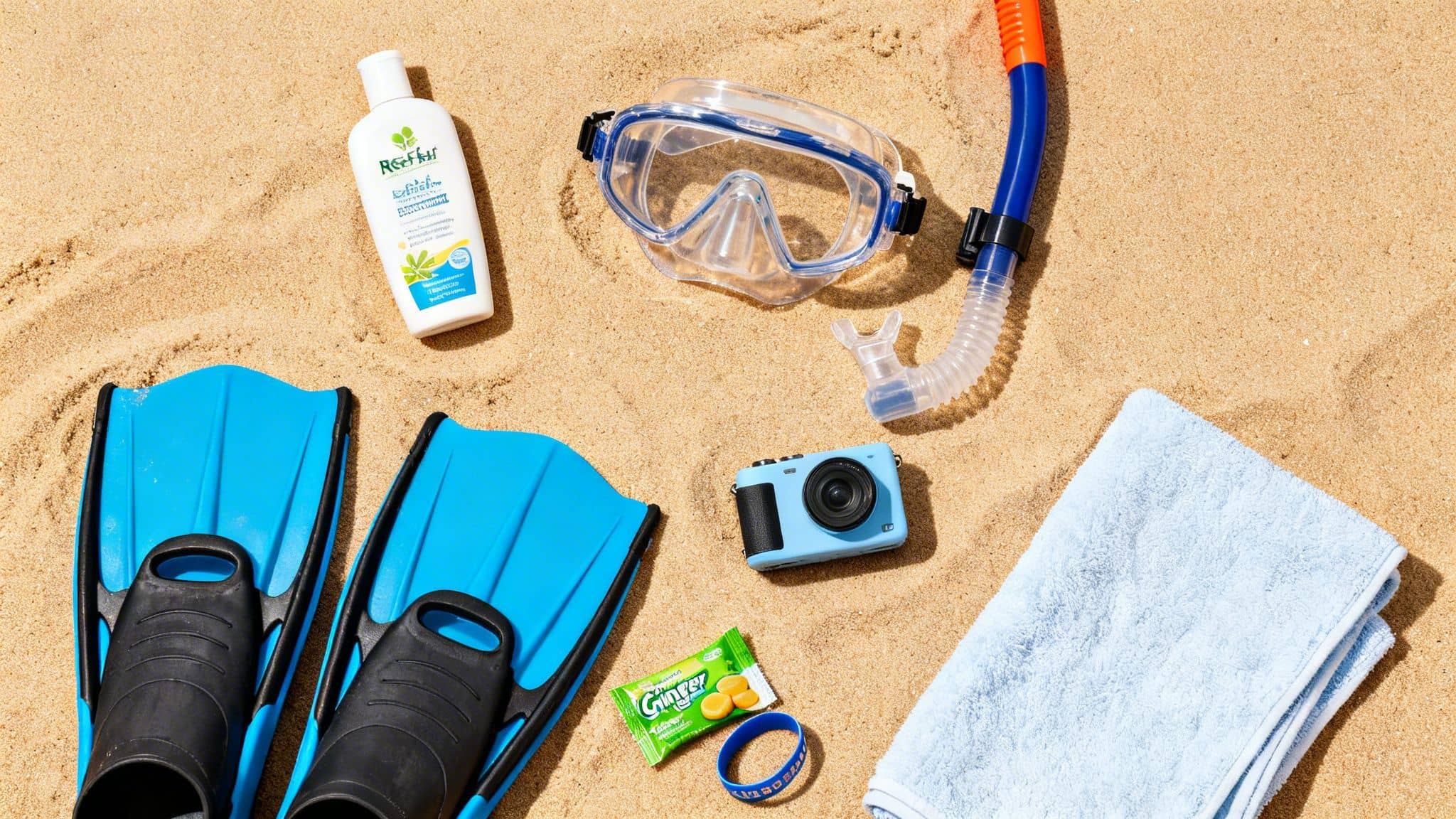 A flat lay of snorkeling gear, reef-safe sunscreen, a camera, and snacks on the sand.