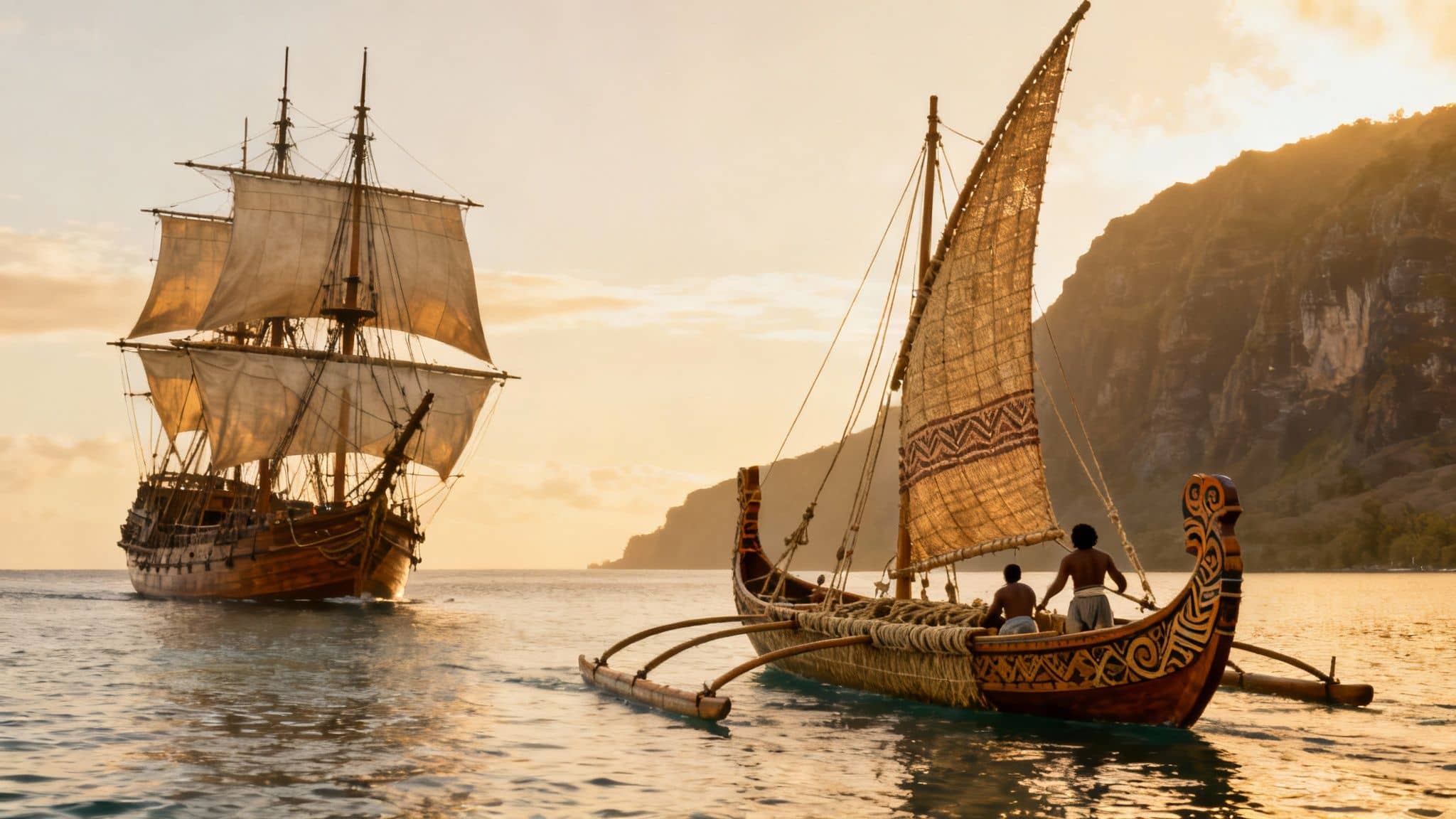 Two historic ships, a large sailing vessel and a smaller traditional canoe, on water at sunset.