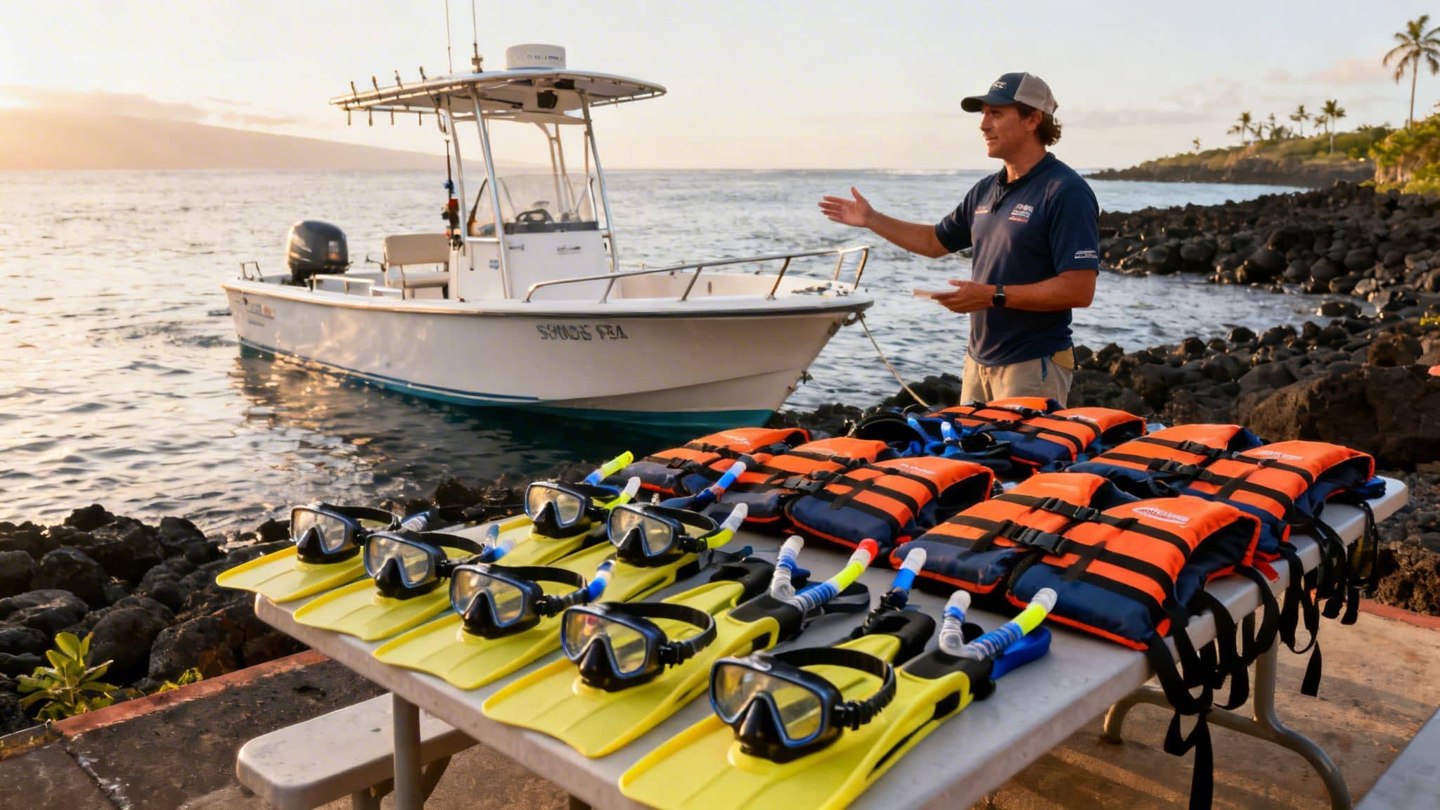 A tour guide next to a boat and a table of snorkeling gear ready for an adventure.