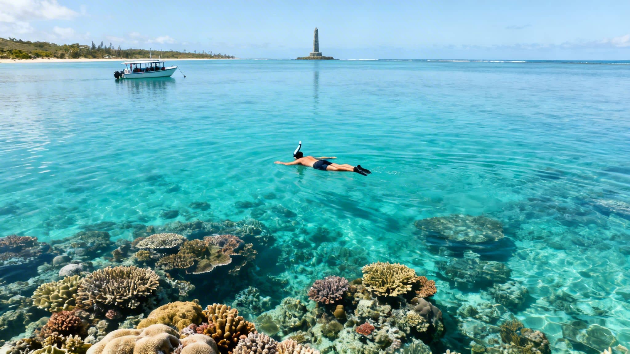 A person snorkeling over a vibrant coral reef in clear turquoise water, with a boat and distant lighthouse.