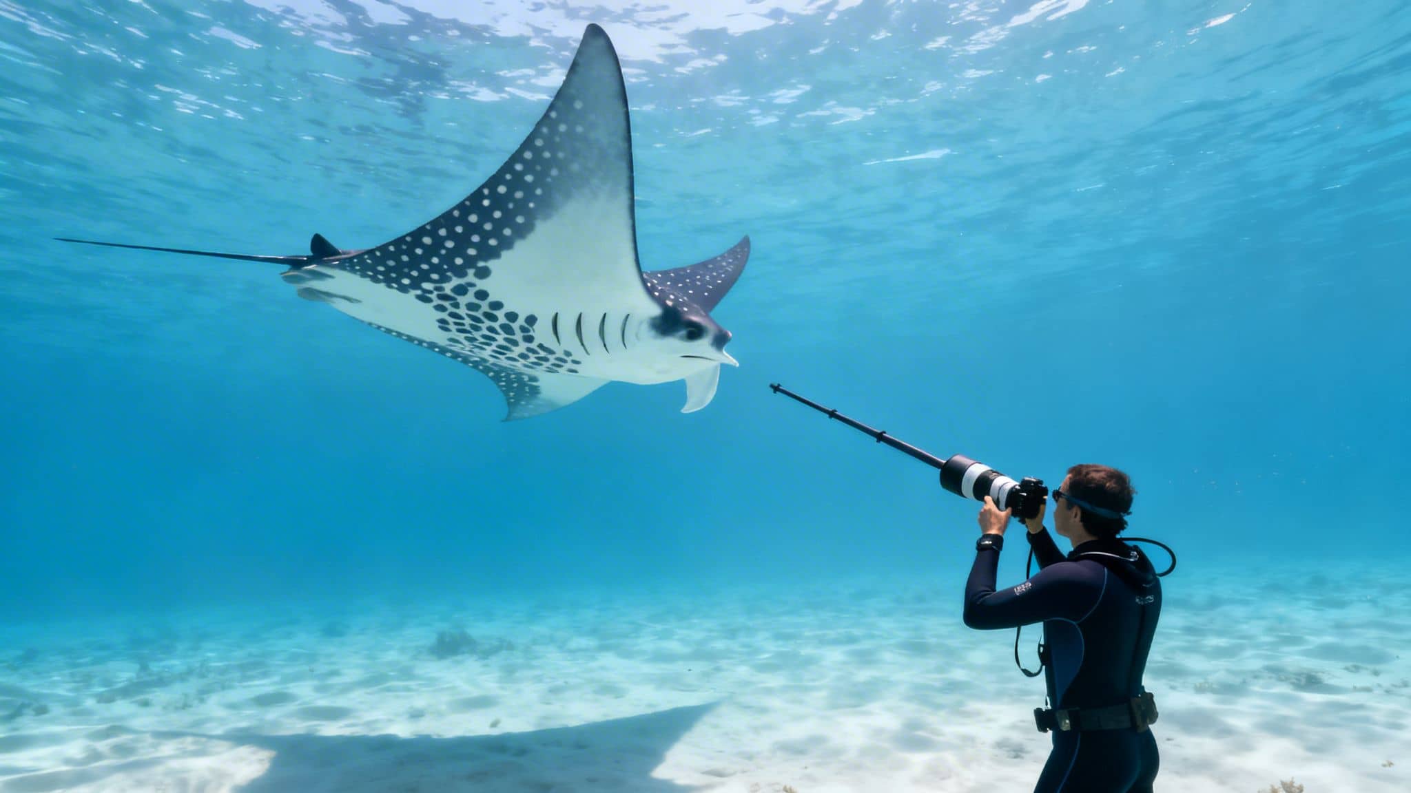 A diver with a large camera photographing a spotted eagle ray in the clear blue ocean.