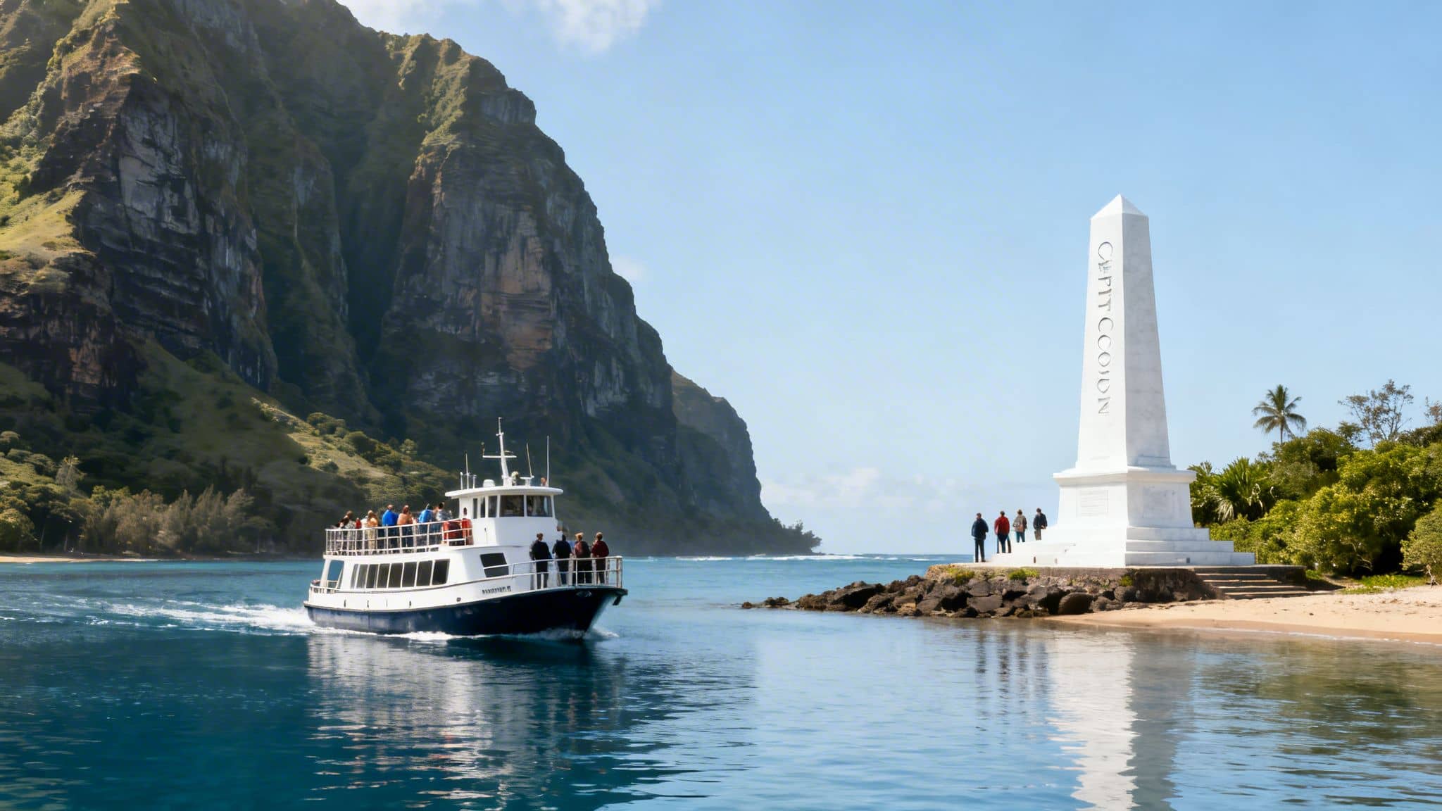 A tour boat passes a white monument dedicated to Captain Cook in a scenic bay with green mountains.