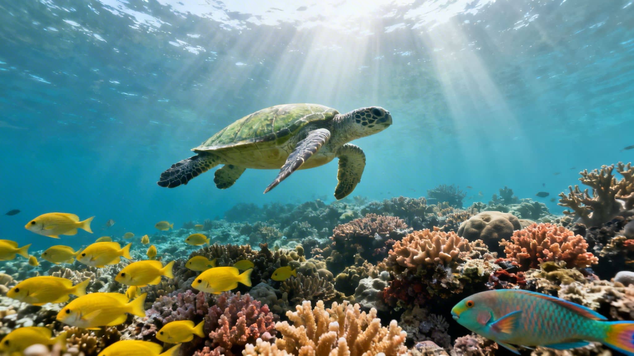 A majestic green sea turtle swims above a vibrant coral reef teeming with colorful fish.