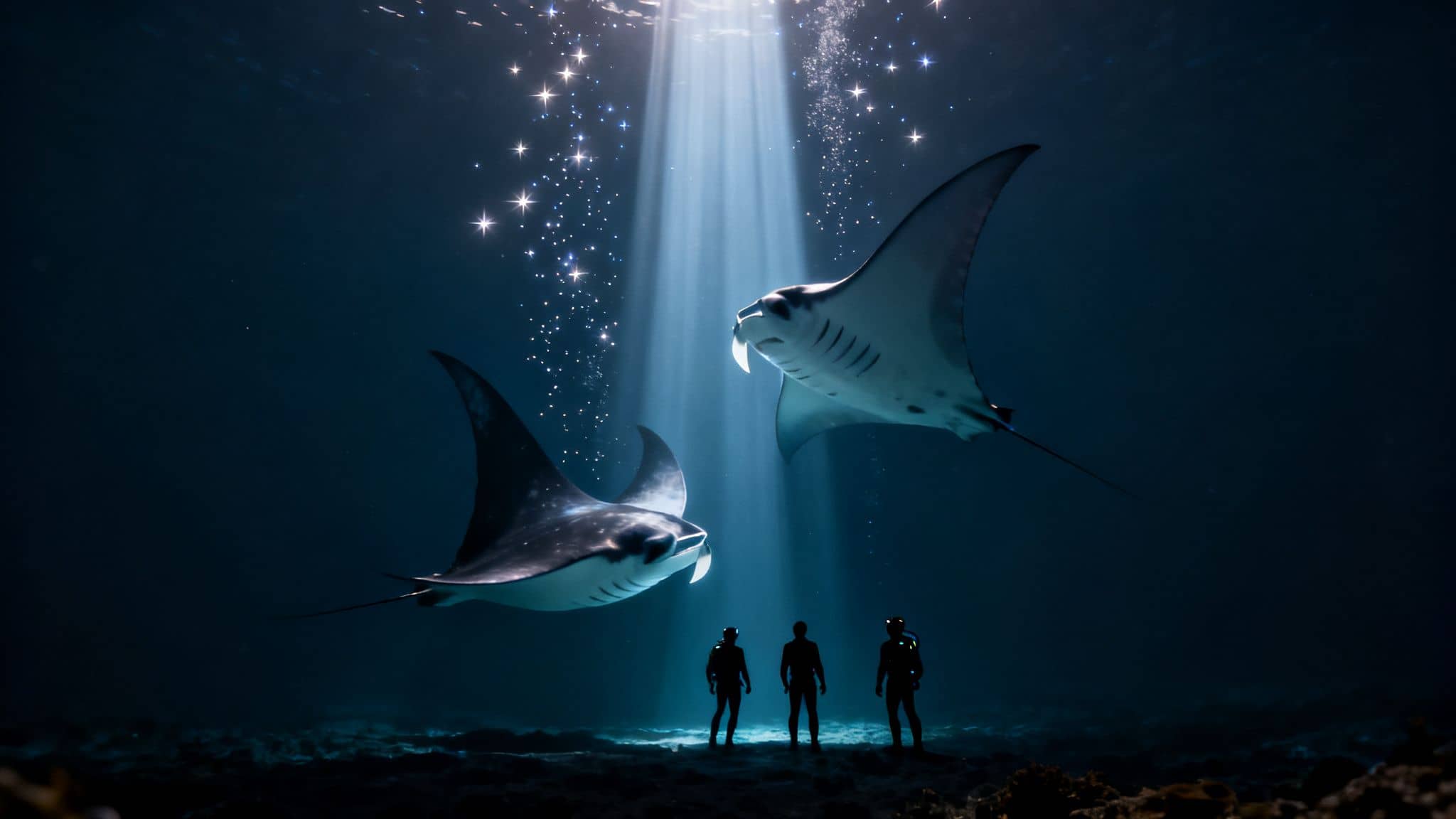 Three divers watch two giant manta rays illuminated by a celestial light beam underwater.