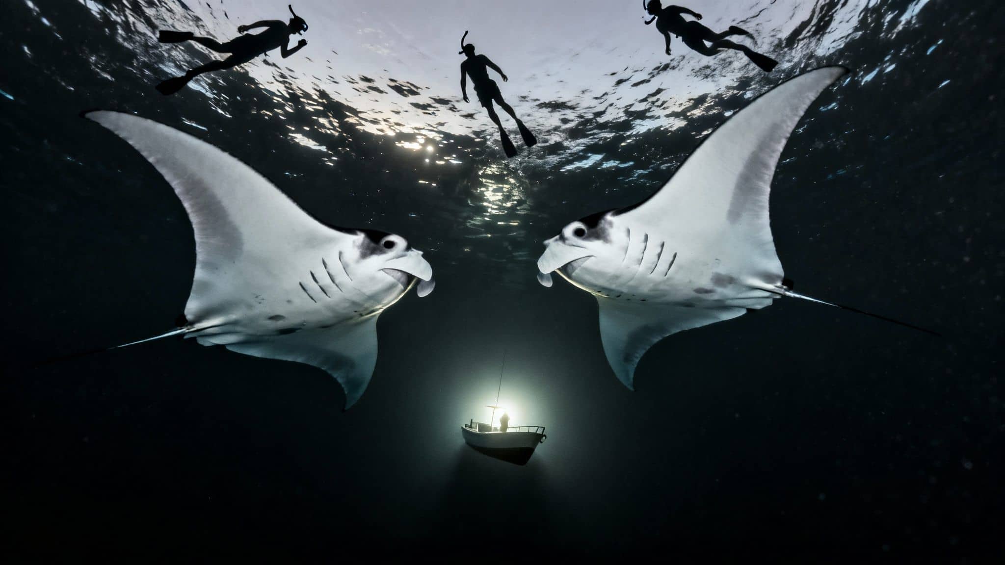 Underwater view of two manta rays, a glowing boat, and three snorkelers silhouetted against the surface.
