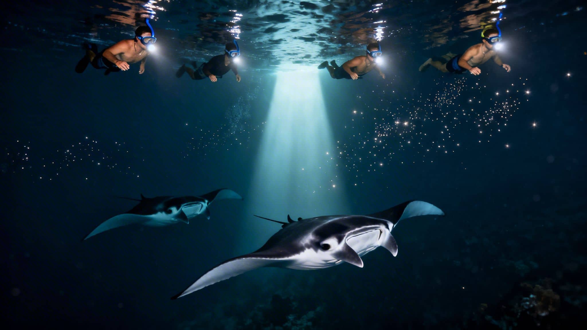 Four snorkelers with lights observe two giant manta rays gliding through dark bioluminescent waters.