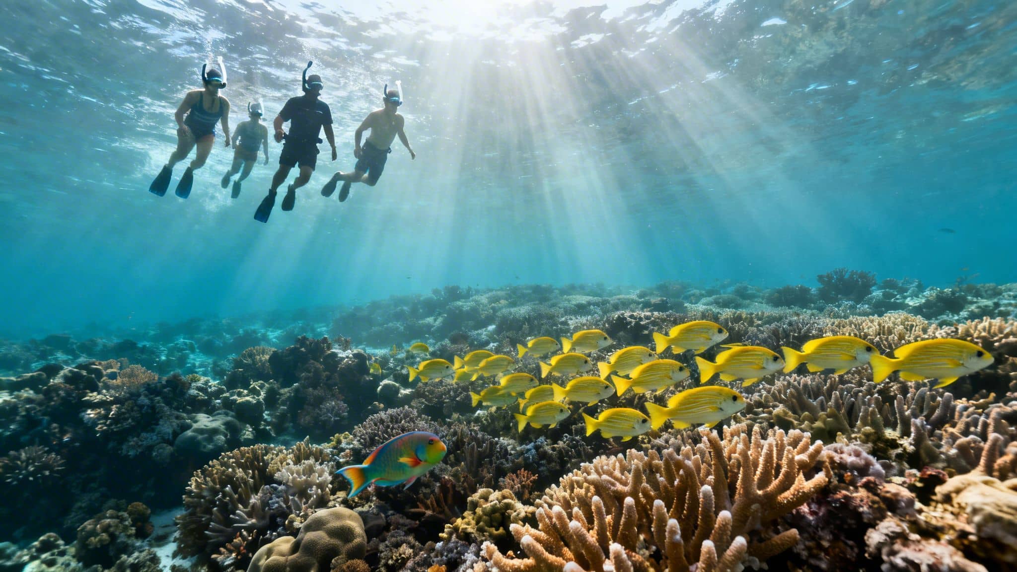 Four people snorkeling above a tropical coral reef teeming with yellow and colorful fish.