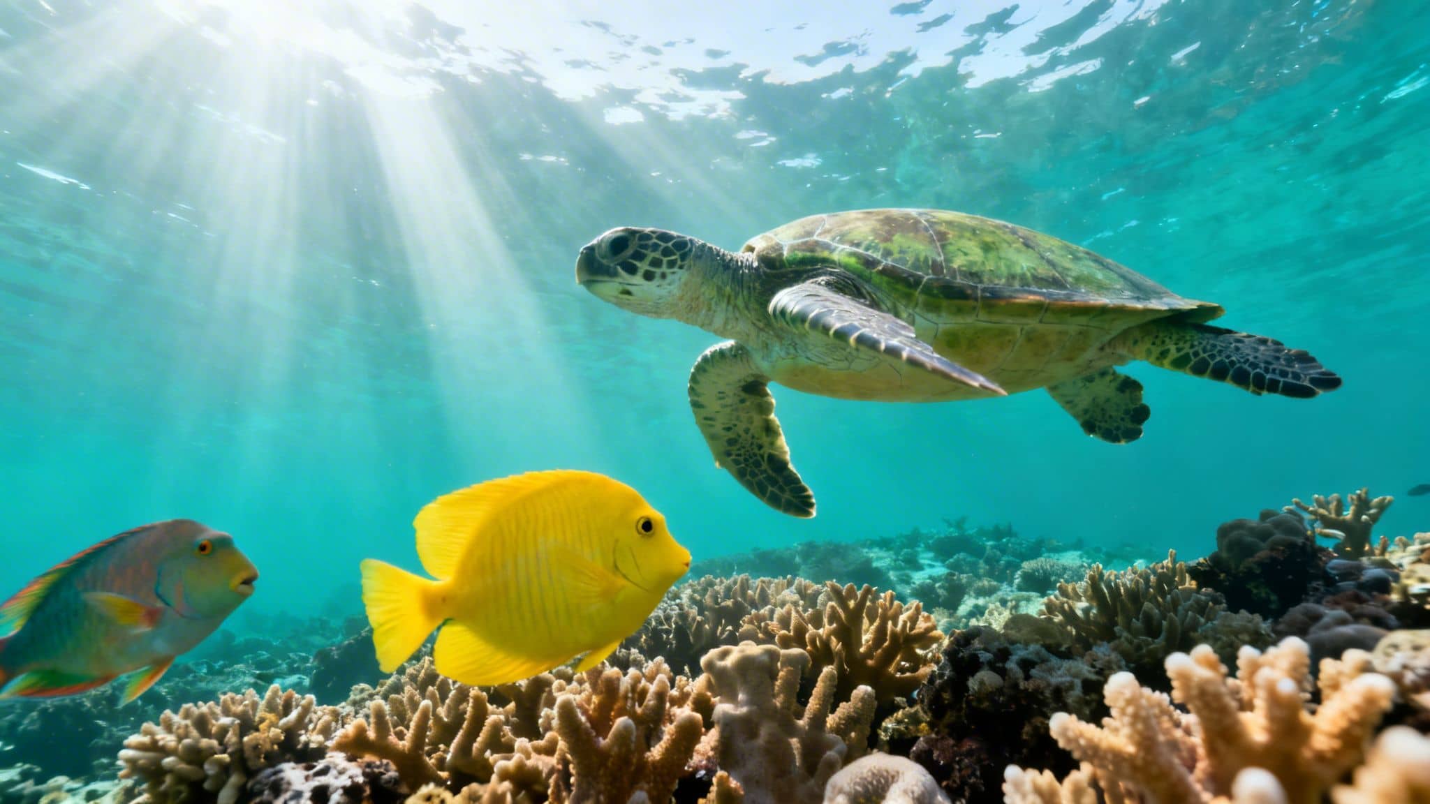 A vibrant underwater scene featuring a green sea turtle, yellow fish, and colorful coral reefs with sunrays.