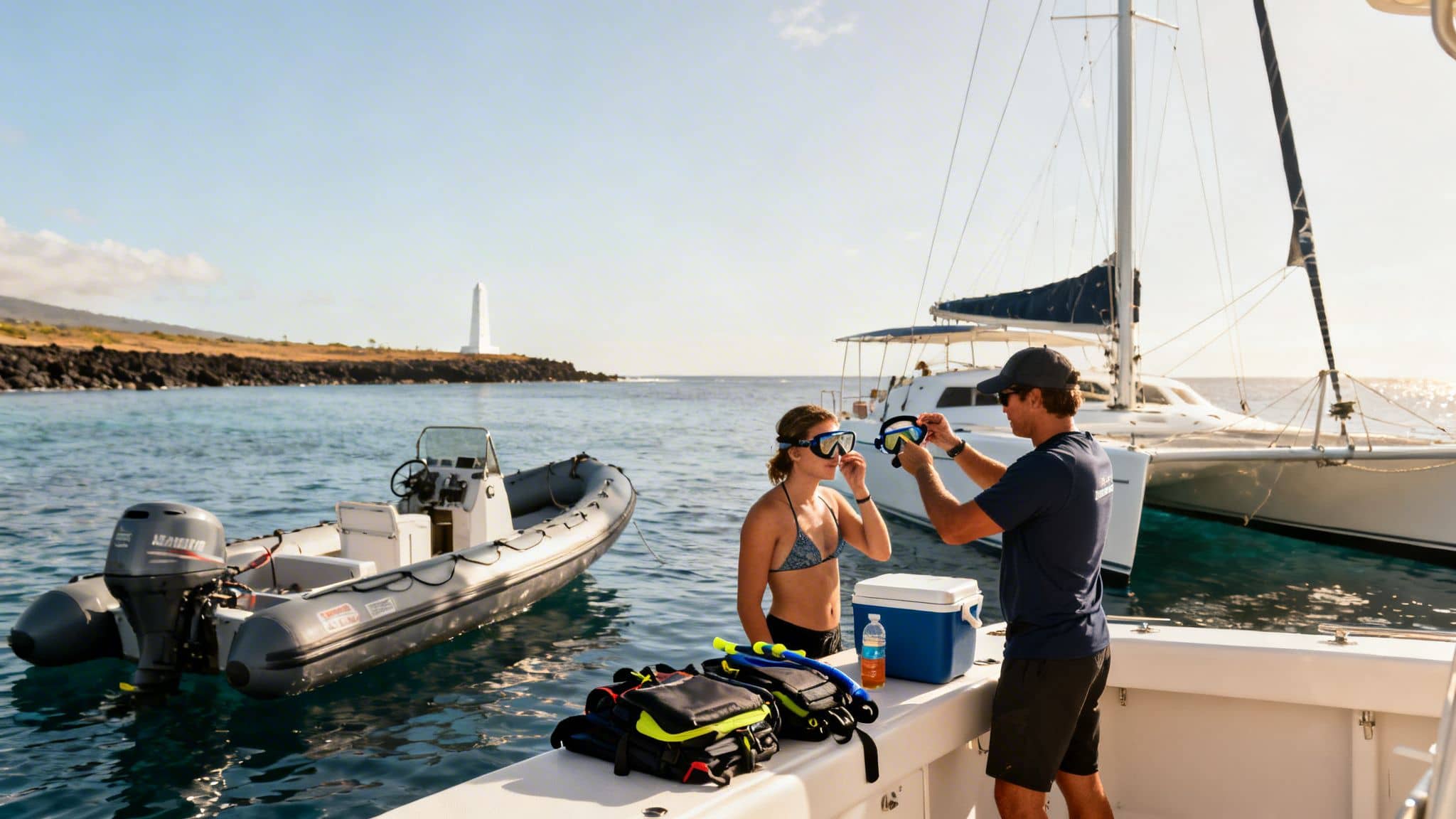 Two people on a boat preparing for snorkeling, with a catamaran and a lighthouse in the background.