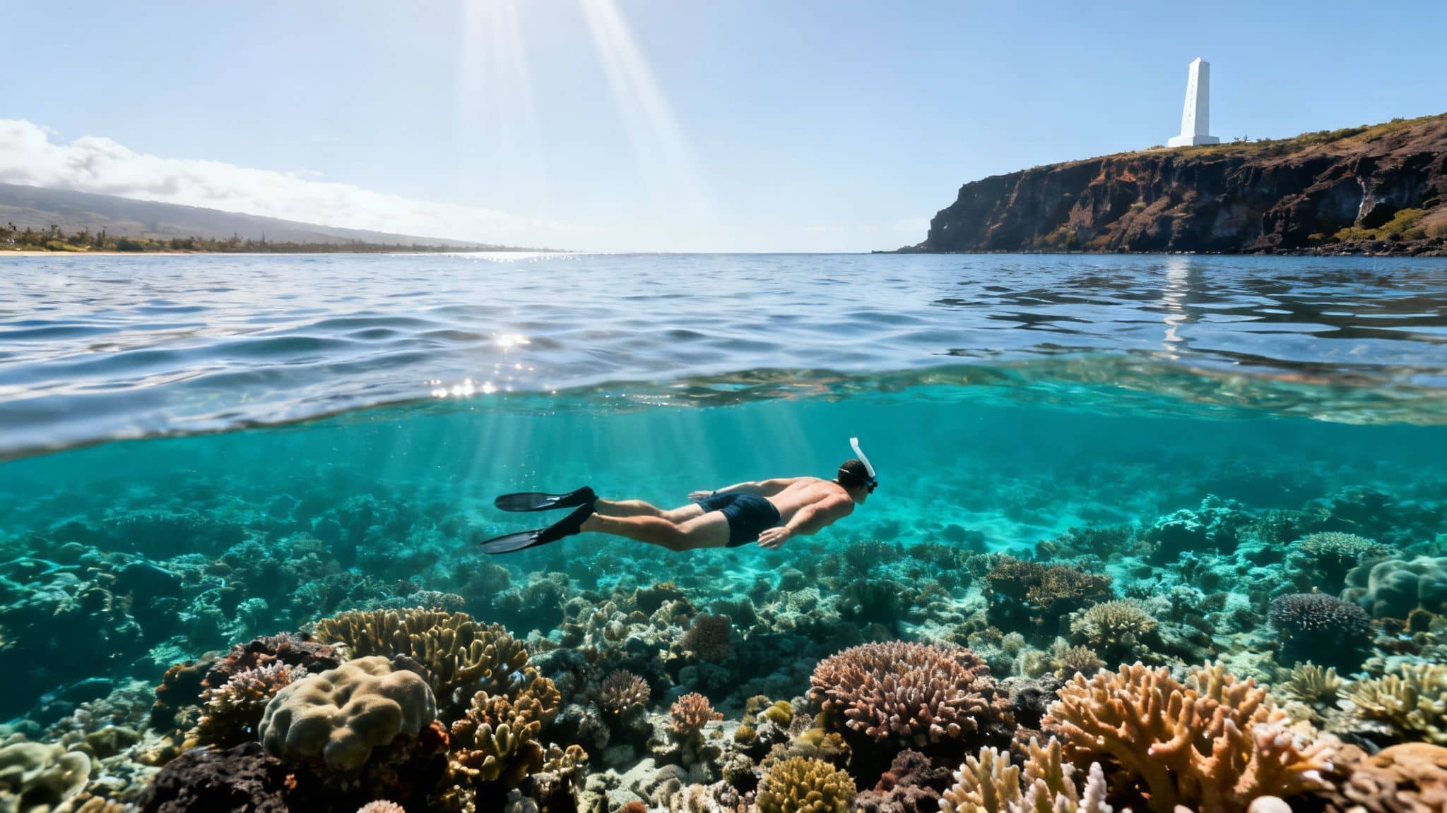 A person snorkeling over a vibrant coral reef, with a sunny sky and coastal landscape above.