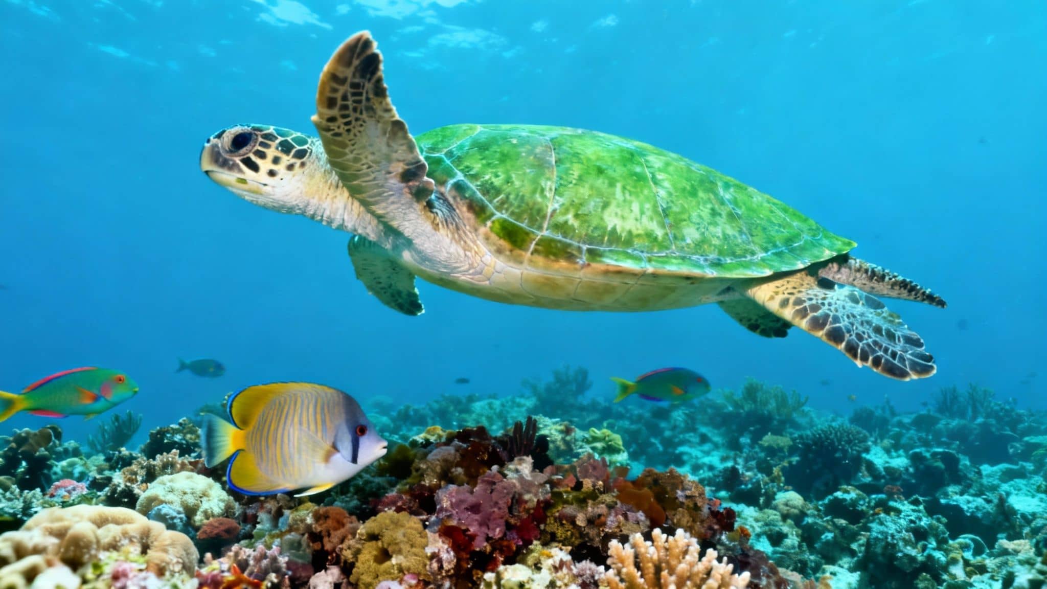 A majestic green sea turtle swims gracefully above a vibrant coral reef with tropical fish.