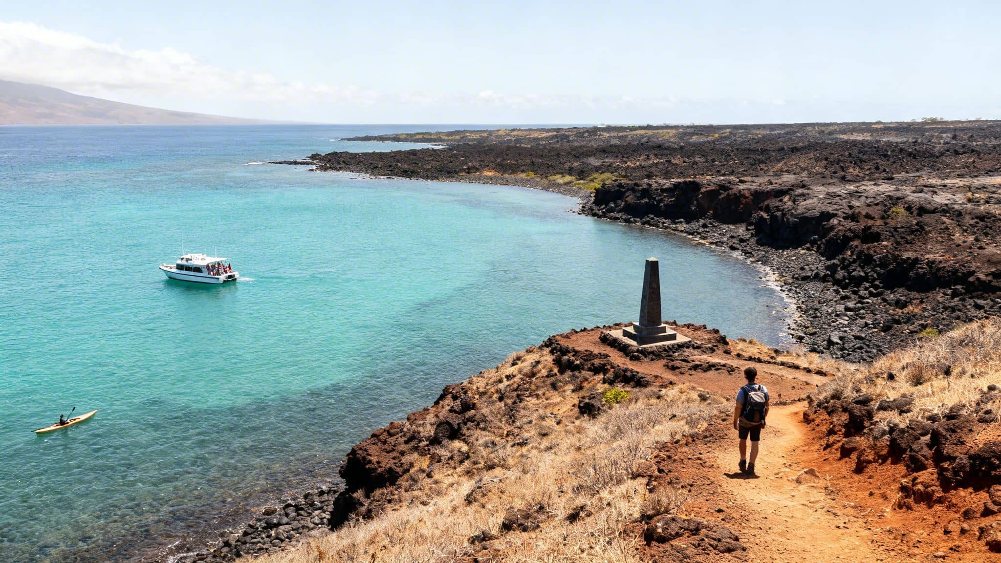 A hiker walks along a dirt path towards a monument overlooking a bright turquoise bay with boats.