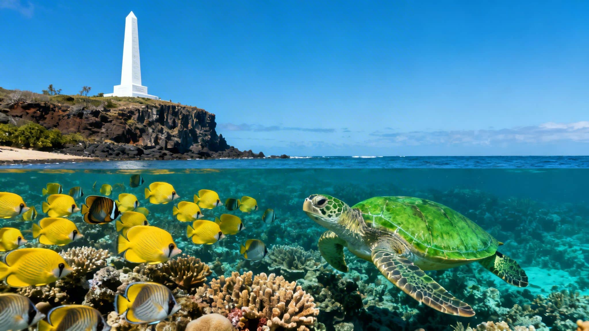 Split view image of a lighthouse on a cliff, and a green sea turtle with fish and coral reefs.