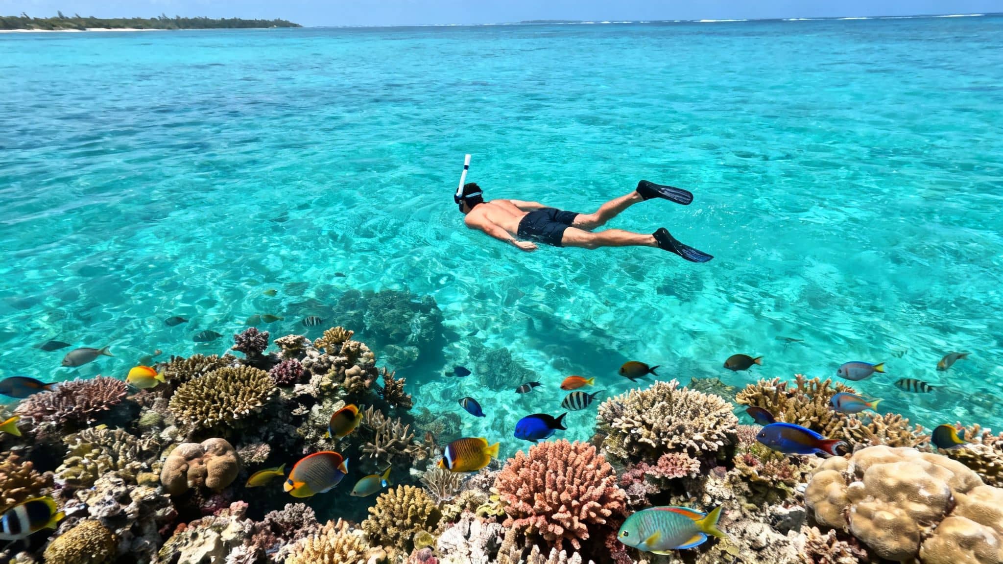 A man snorkeling in clear blue water above a vibrant coral reef teeming with colorful fish.