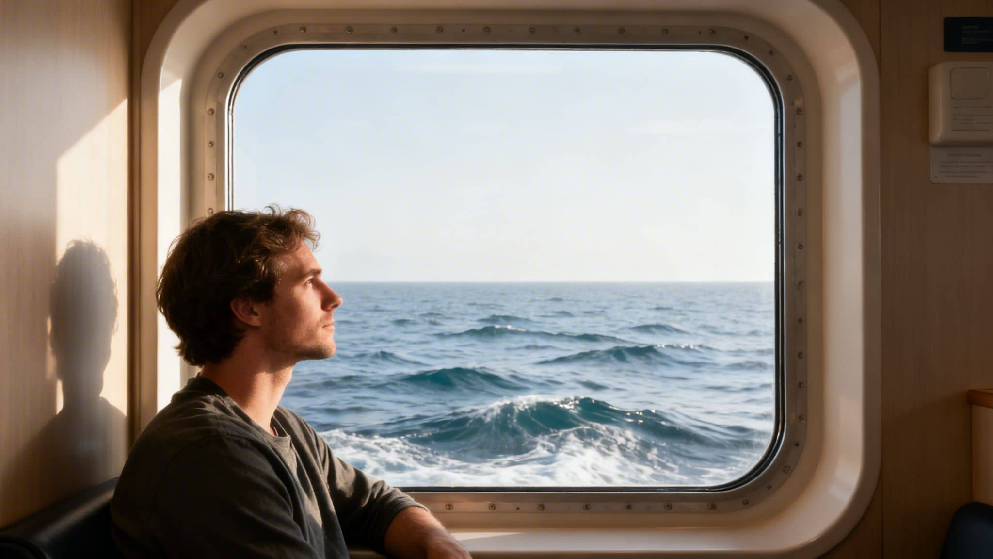 A man sits on a ferry, looking contemplatively out a window at the vast, wavy sea.