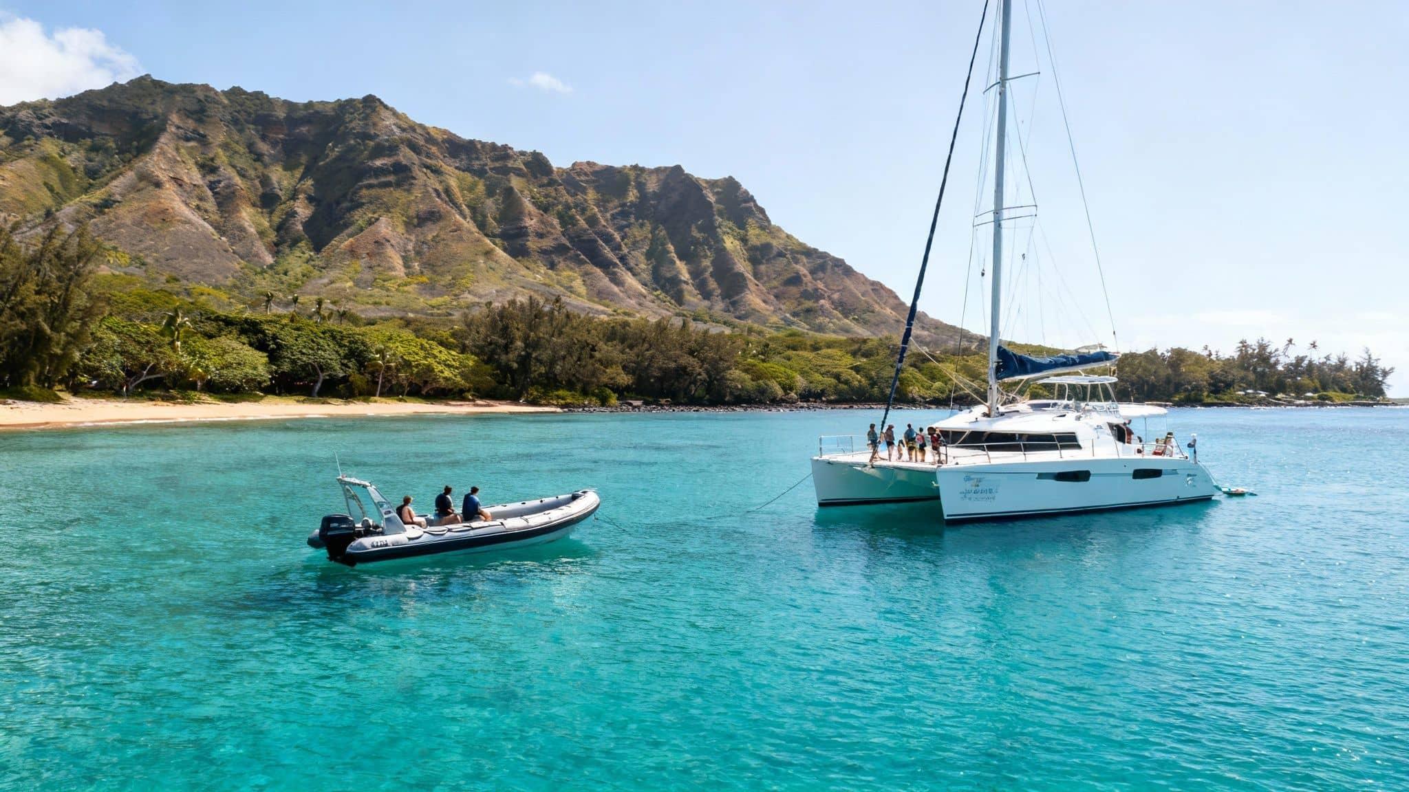 Tour boats on clear blue water off a tropical beach with lush green mountains in Hawaii.