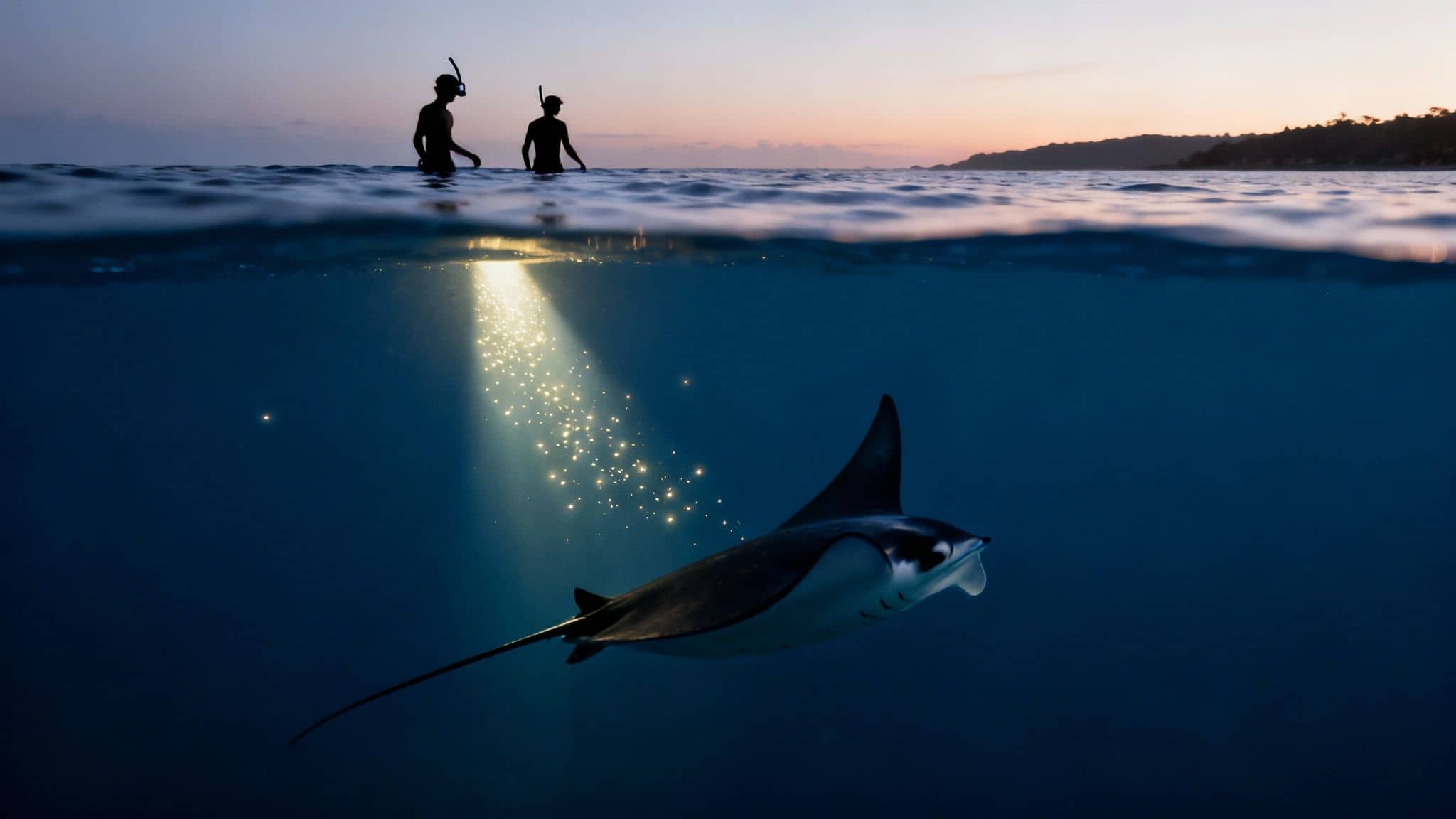 Two snorkelers watch a majestic manta ray swimming underwater with a sparkling light beam at dusk.