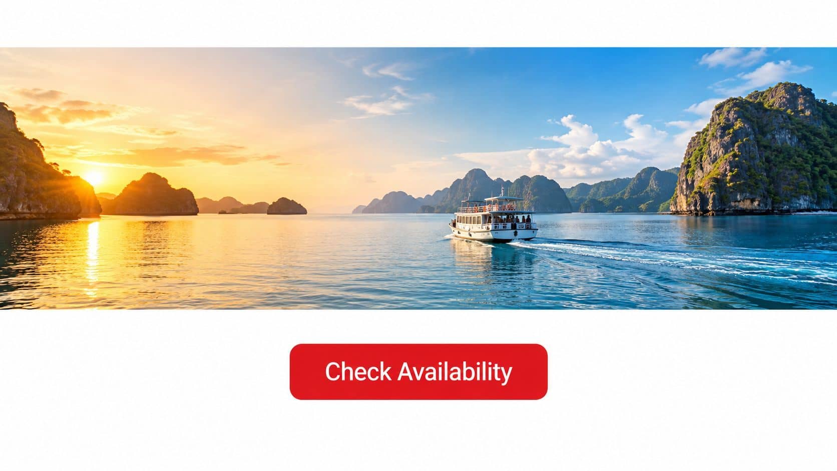 A scenic view of a cruise boat sailing through the calm water of Ha Long Bay at sunset