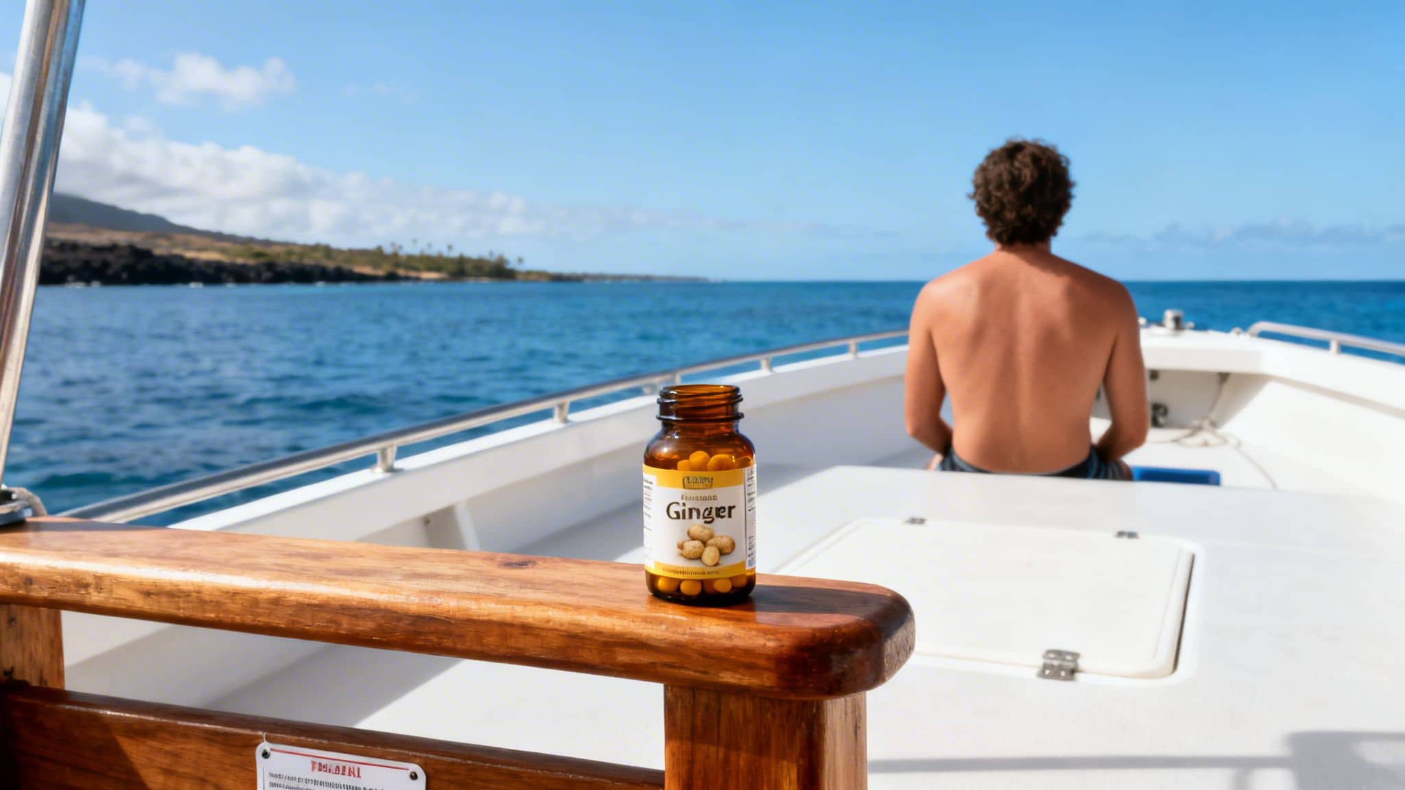 A bottle of ginger supplements on a boat railing with a person looking at the ocean.