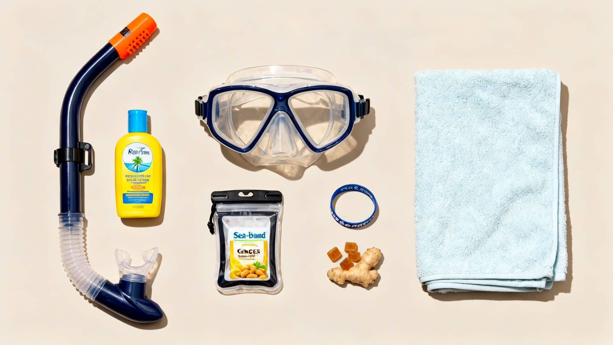 A flat lay of snorkeling essentials: a mask, snorkel, reef-safe sunscreen, waterproof pouch, ginger, and a blue towel.
