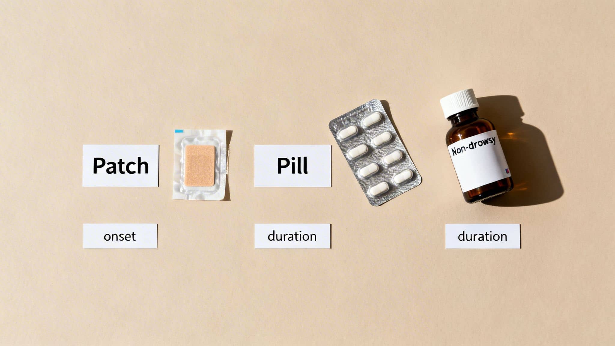 A patch, a blister pack of pills, and a 'Non-drowsy' medicine bottle with 'onset' and 'duration' labels.