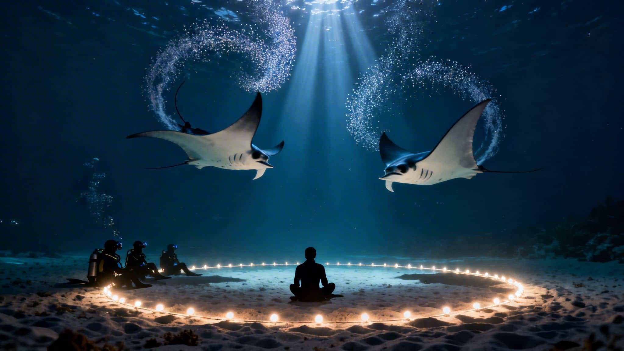 Underwater scene with divers observing two manta rays creating bubble rings around a glowing light circle.