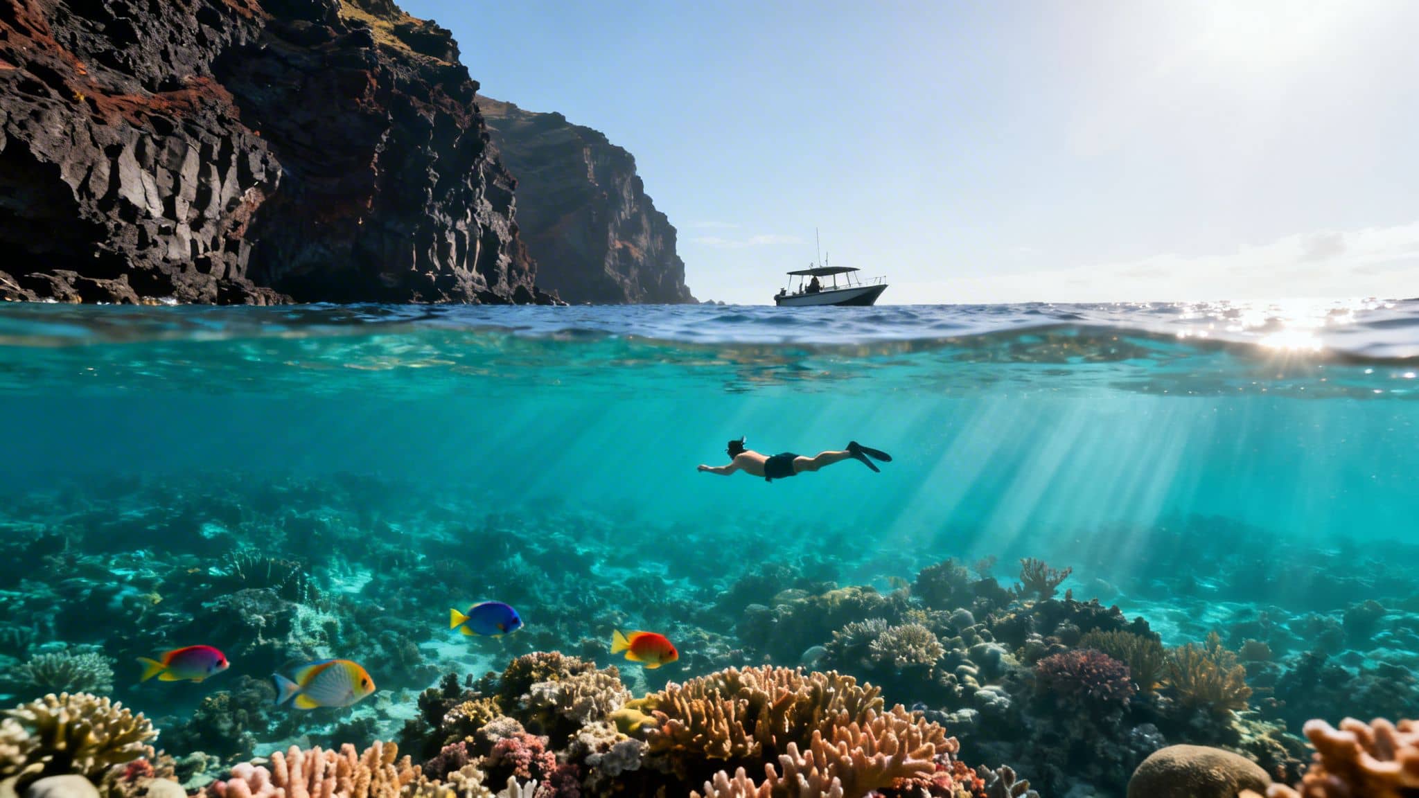 Over/under shot of a person snorkeling in clear blue water with coral, fish, a boat, and cliffs.