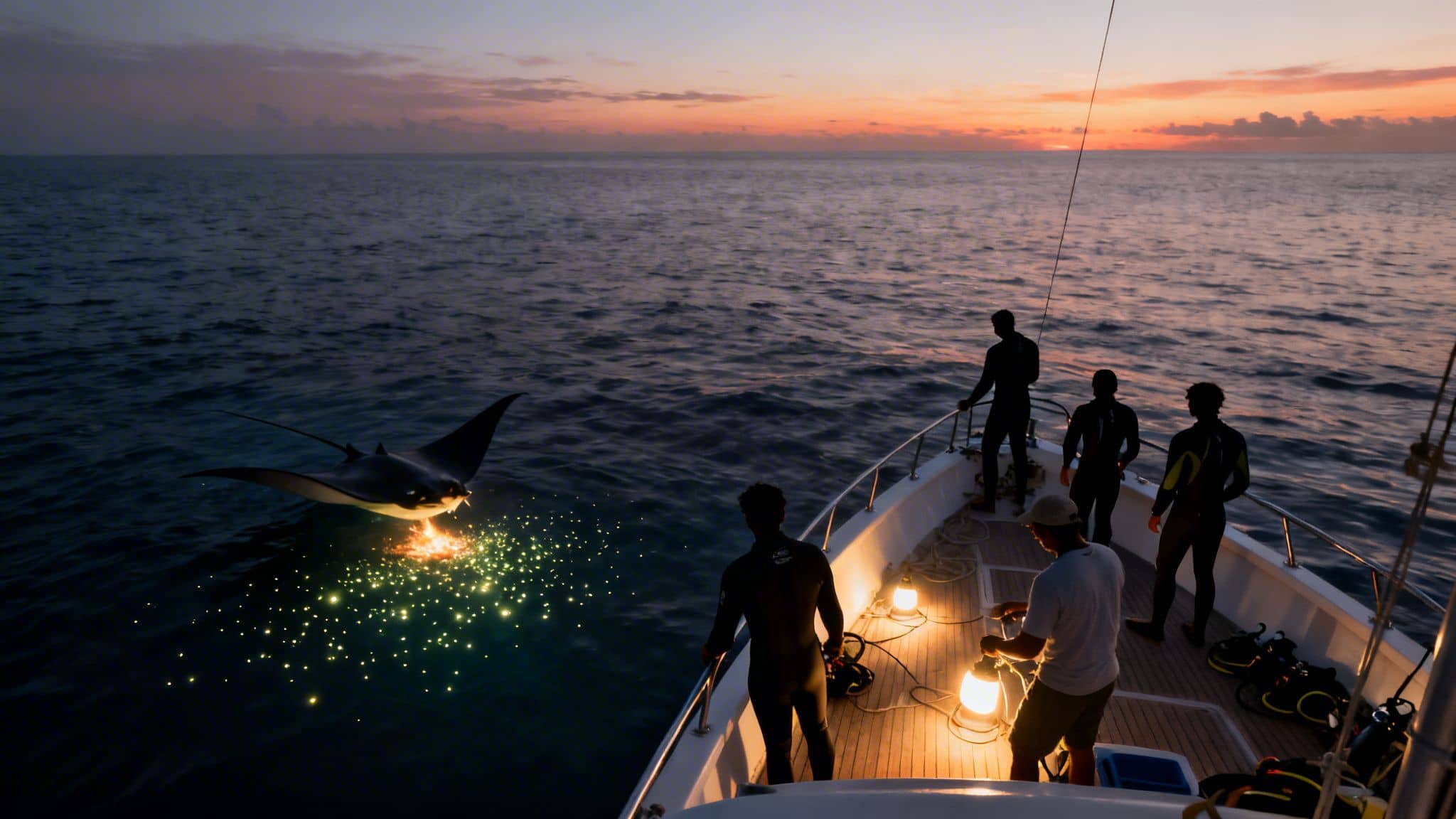 Divers on a boat observe a manta ray feeding on glowing plankton at twilight.