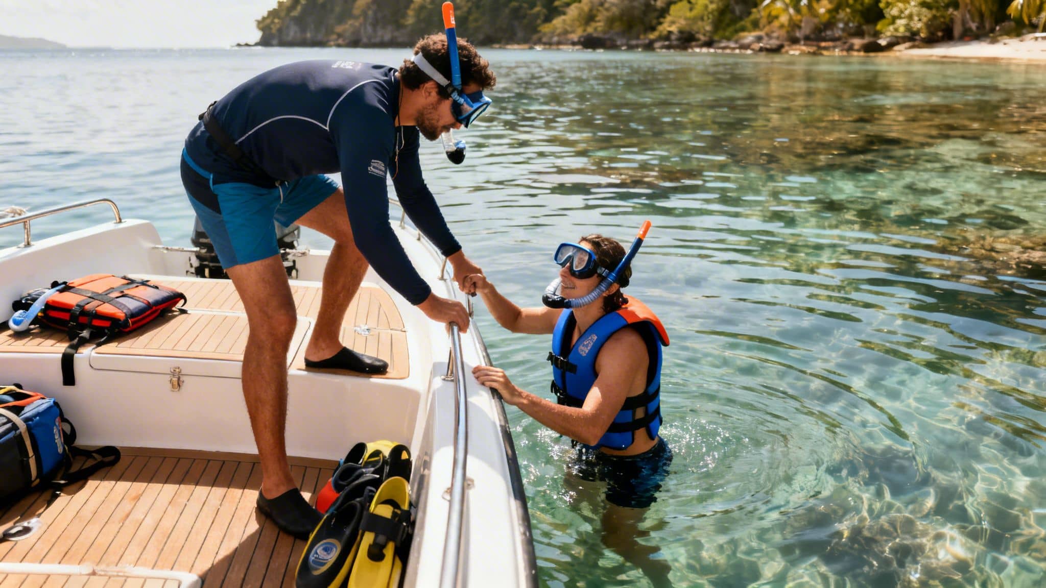 A man on a boat helps a snorkeler wearing a life vest in shallow, clear tropical waters.