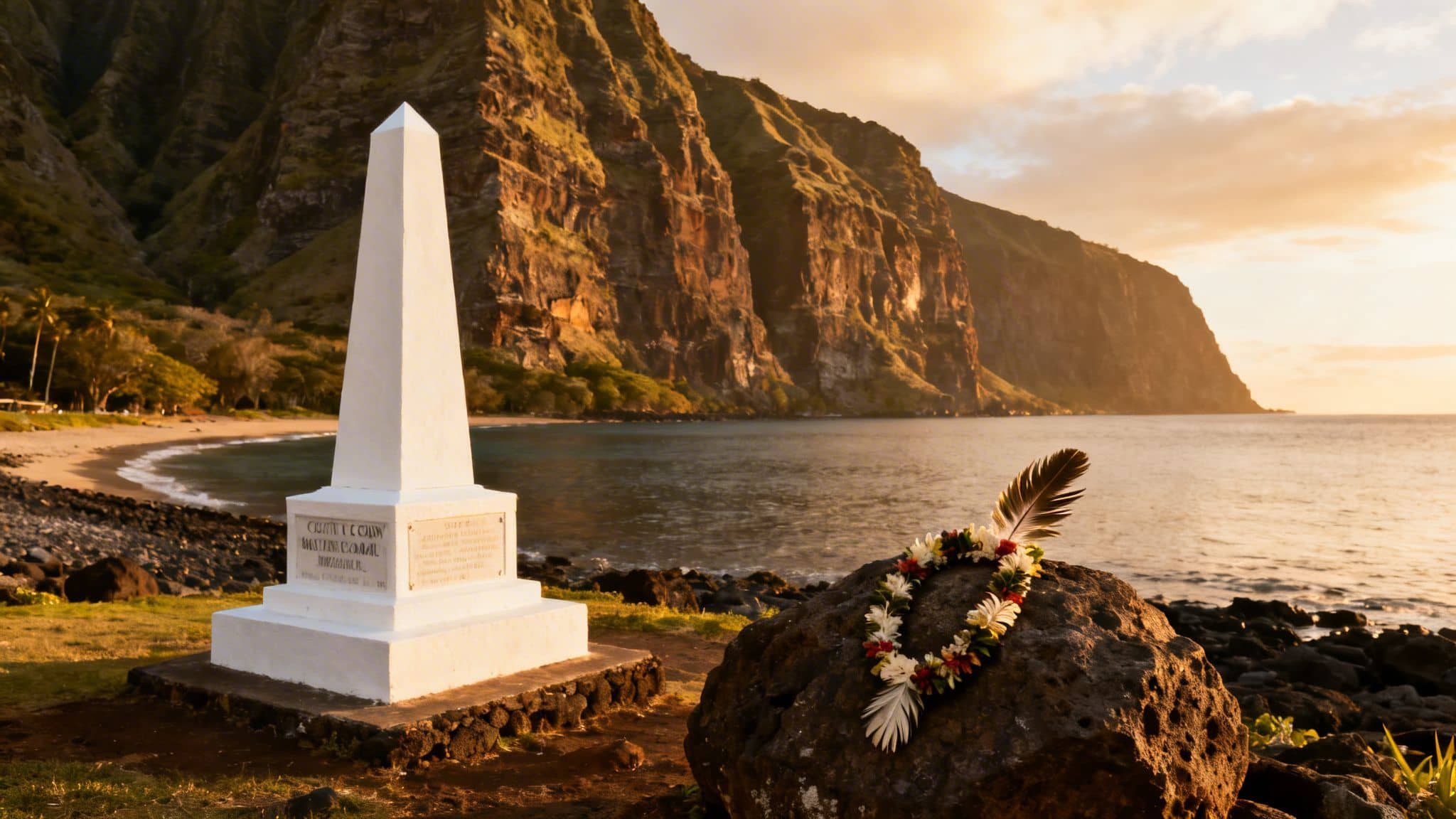 White monument on a rocky Hawaiian coast, dramatic cliffs, and golden sunset. Lei and feather on a rock.