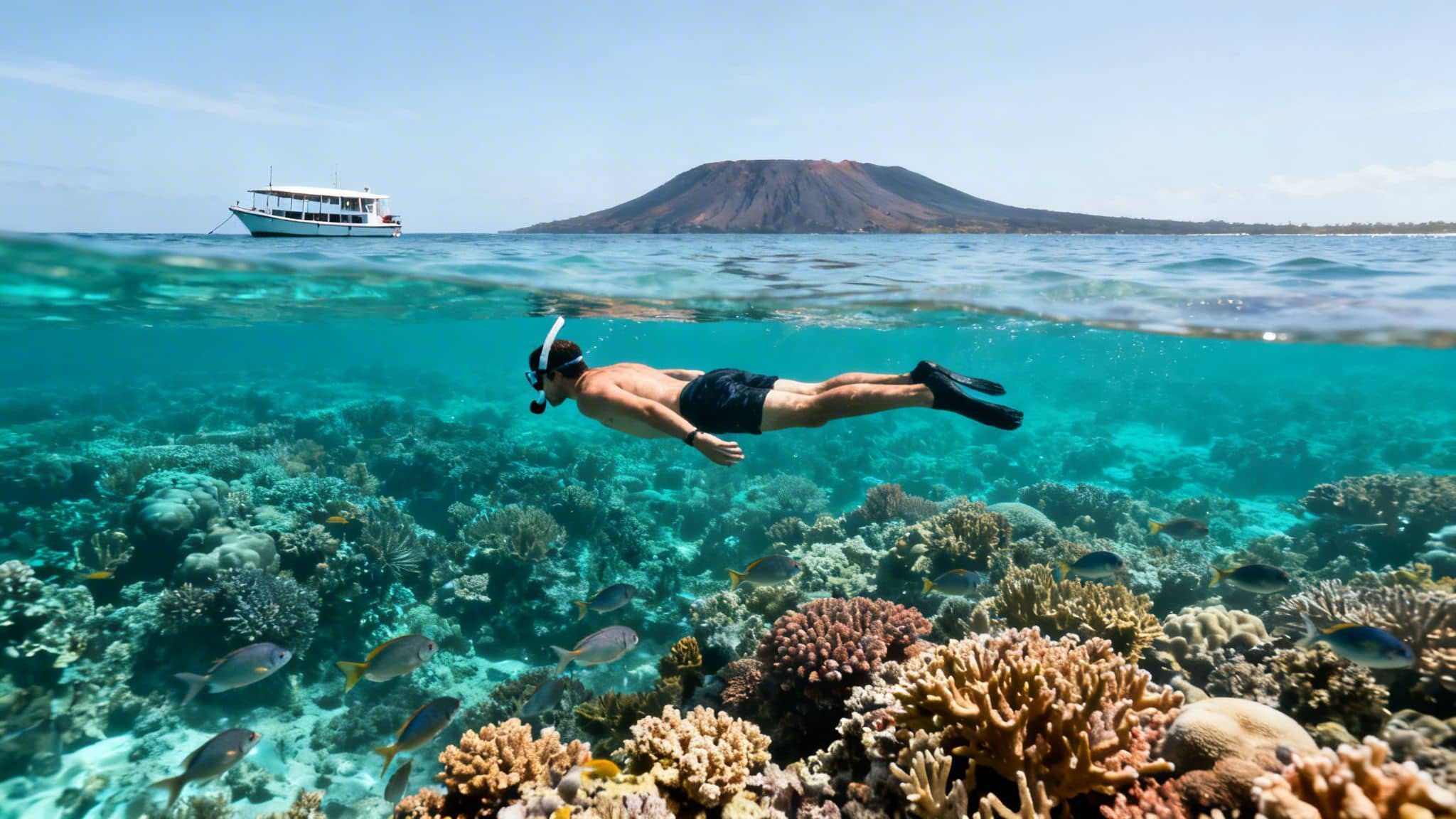 Man snorkeling over a colorful coral reef with fish, boat, and volcanic island in the background.