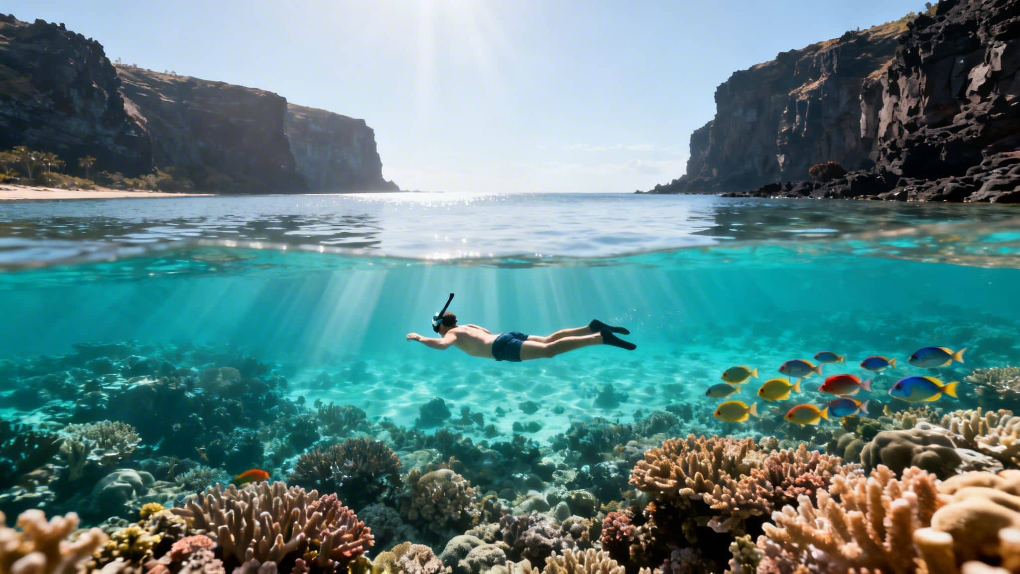 A person snorkeling above a vibrant coral reef with colorful fish in clear blue water, rocky cliffs visible above.