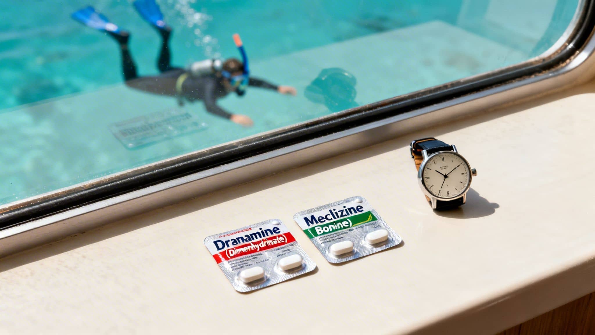 Dramamine and Meclizine motion sickness pills and a watch by a boat window overlooking a snorkeler.