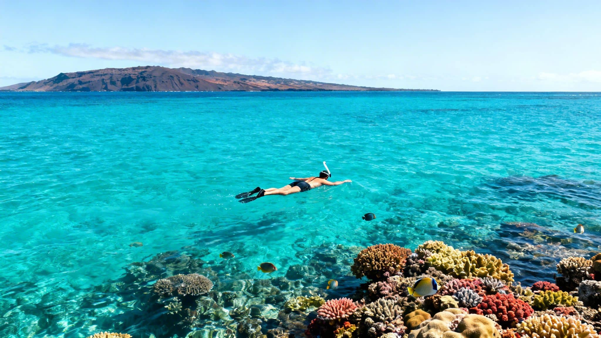 A person snorkels over a vibrant coral reef in clear turquoise water with an island in the background.